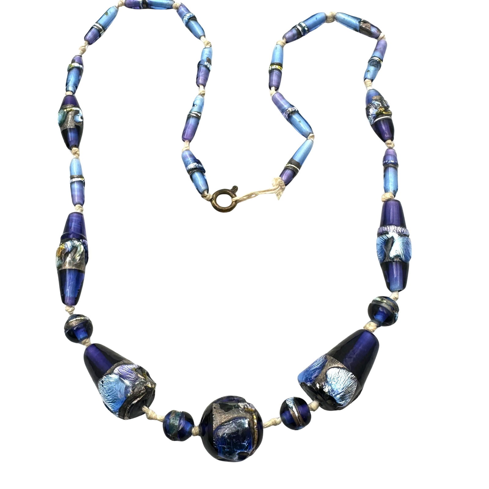 Vintage Antique Foil Art Glass Bead Necklace 18 Inch Length Blue Purple: Vintage Antique Foil Art Glass Bead Necklace 18 Inch Length Blue Purple