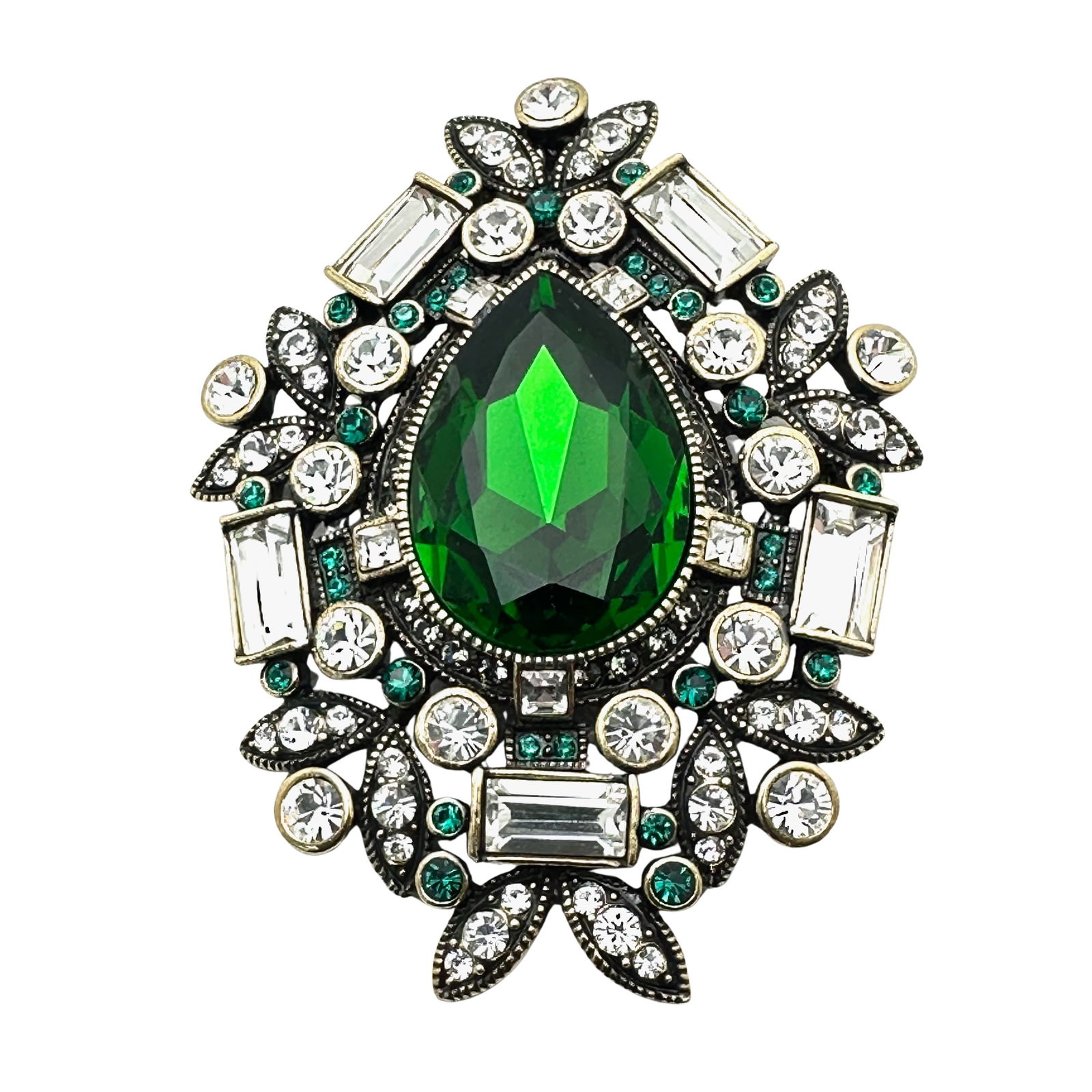 Heidi Daus Art Deco Style Green Clear Crystal Pin Brooch Pendant 3 Inch (1 of 2)