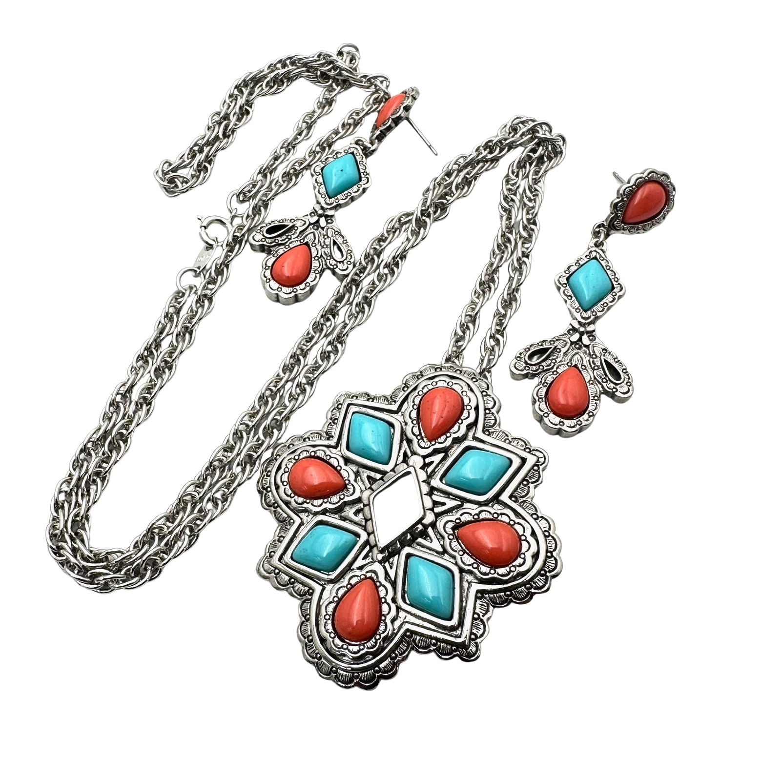 Vintage Southwest Style Faux Turquoise Coral Silver Tone Pendant Necklace Pierced Earrings Set (1 of 2)