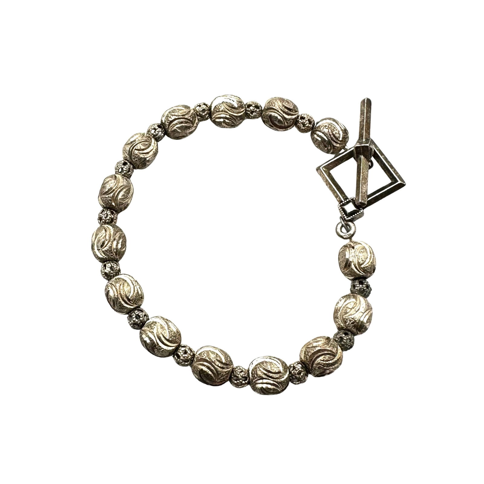 Sterling Silver Fance Diamond Cut Bead Bracelet Toggle Clasp 7 Inch Length (1 of 2)