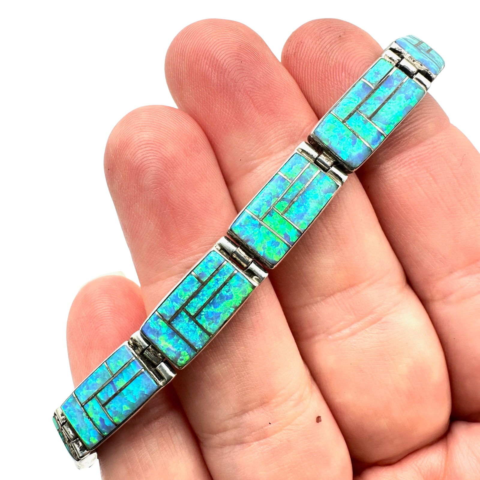 Gorgeous Opal and Multi Gemstone Inlay Reversible Sterling Silver Bracelet 8 Inch Length 19 Grams (1 of 4)