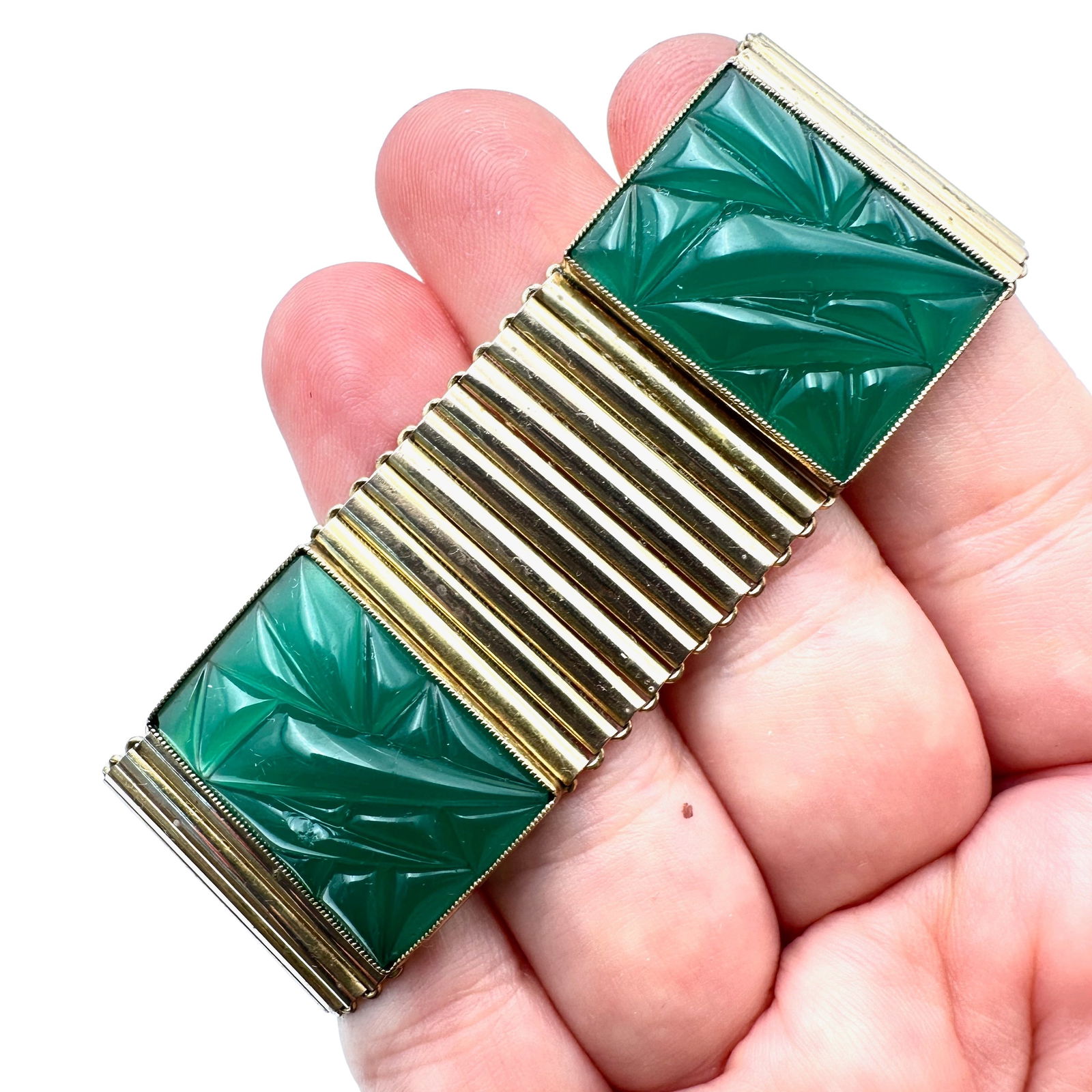 Vintage Wide Gold Filled Bracelet Carved Green Chrysoprase Gemstone 42 Grams 7 Inch (1 of 3)