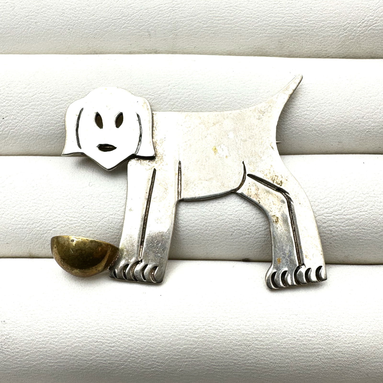 Vintage Mexico Sterling Silver Brass Dog with Bowl Brooch Pin 2 Inch 12 Grams (1 of 2)