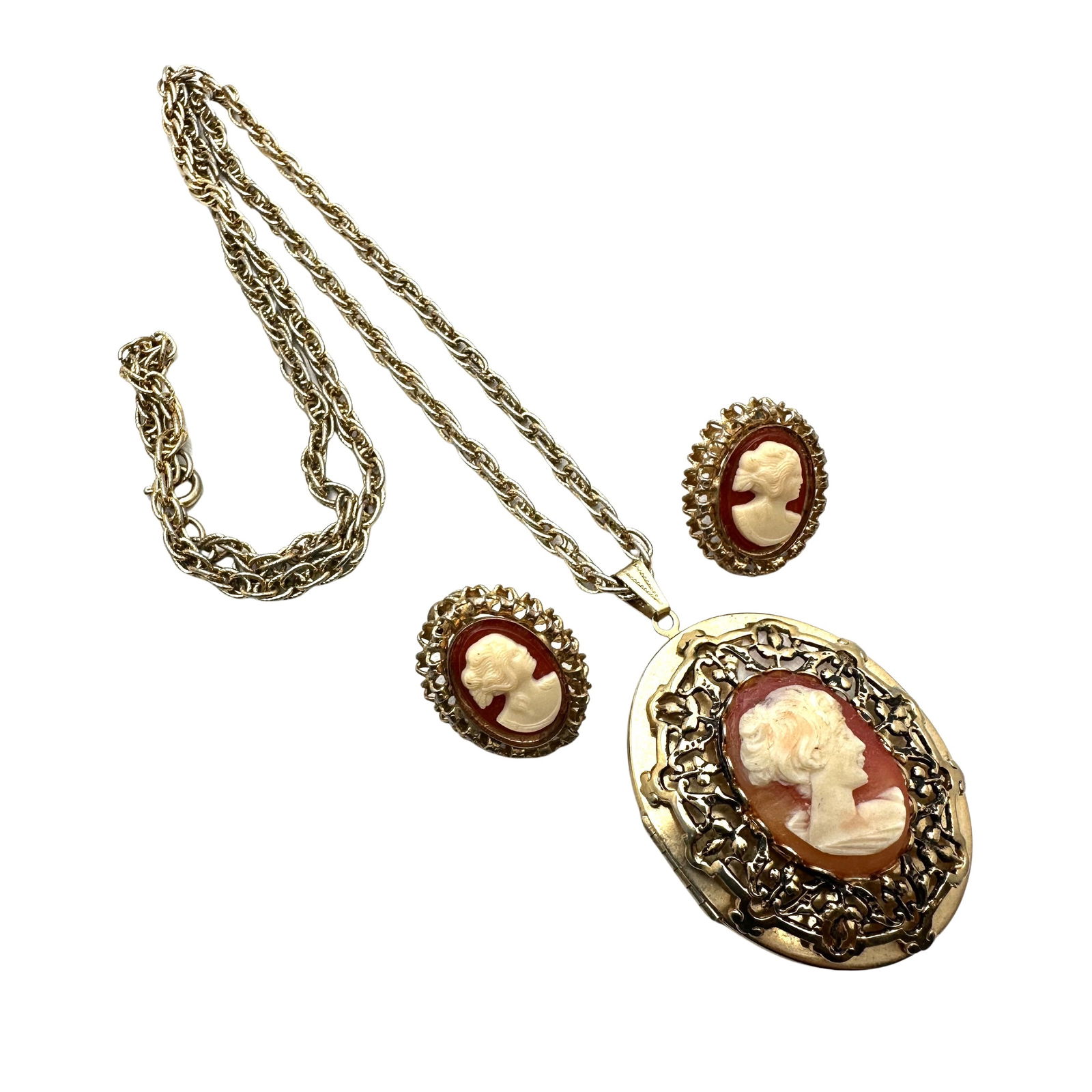 Vintage Cameo Picture Locket Pendant Necklace Gold tone Screw Back Earrings Set: Vintage Cameo Picture Locket Pendant Necklace Gold tone Screw Back Earrings Set