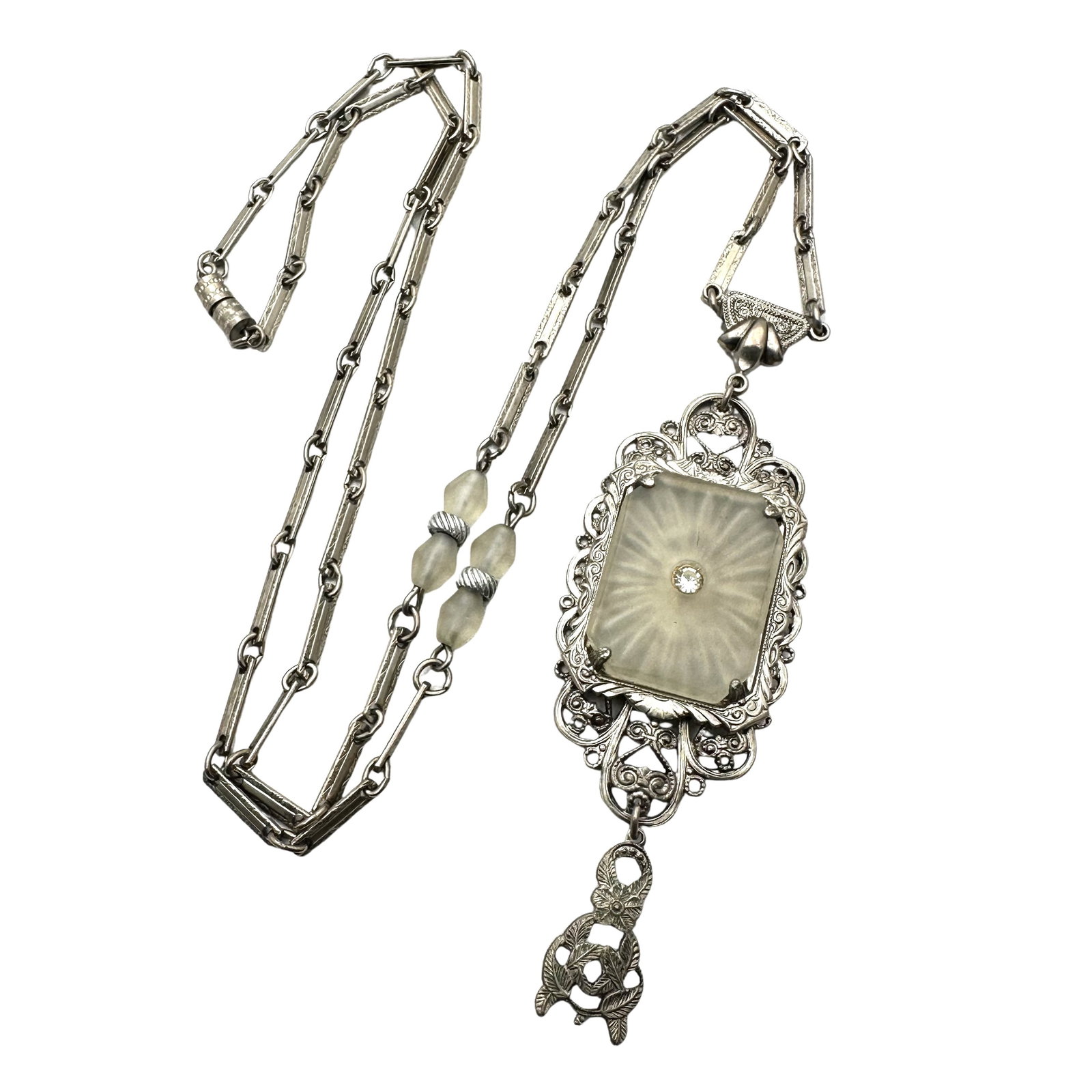 Antique Art Deco Camphor Glass Pendant Necklace Silver Tone 24 Inch: Antique Art Deco Camphor Glass Pendant Necklace Silver Tone 24 Inch