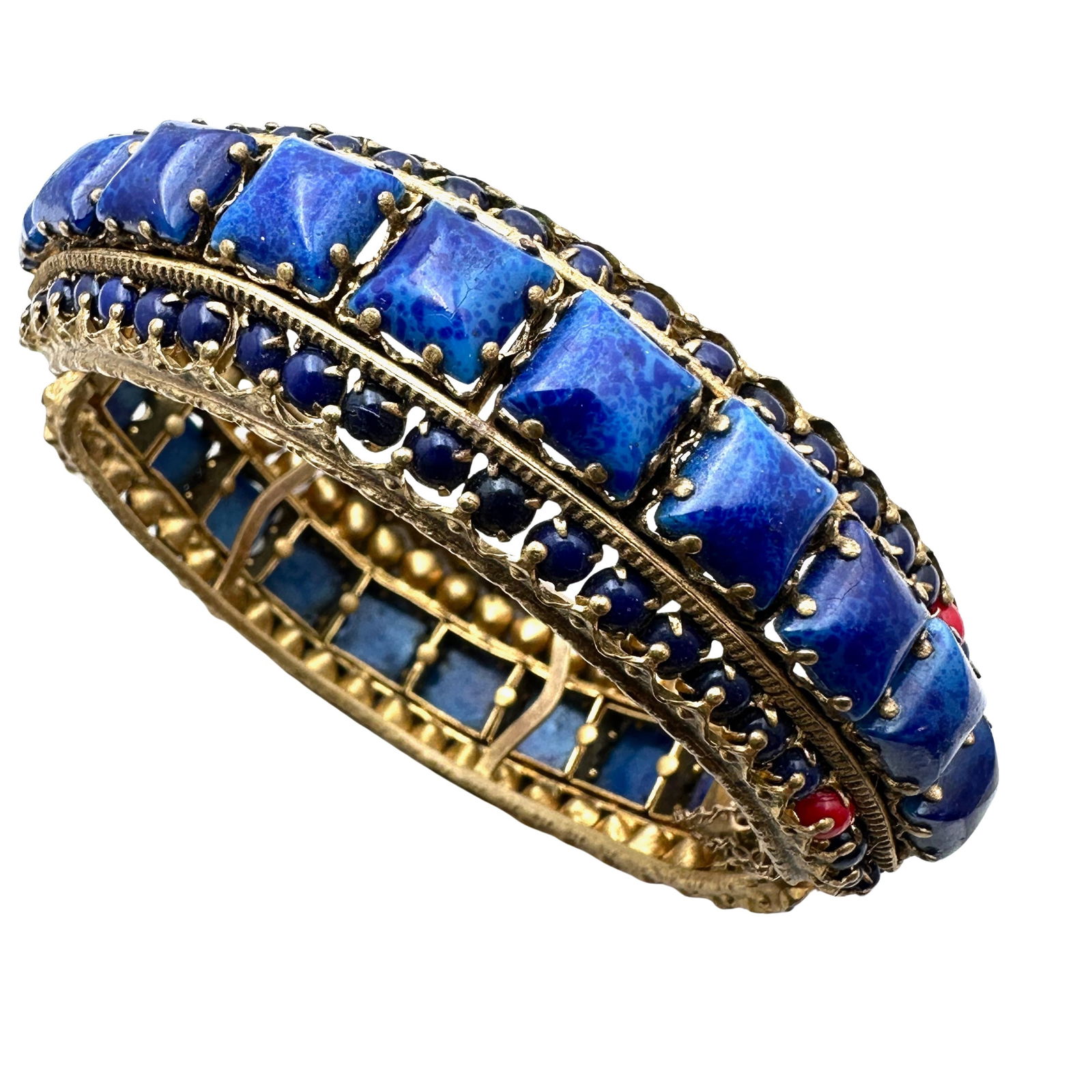 Vintage Czechoslovakia Blue Speckled Glass Bead Hinged Bangle Bracelet 6 3/4 Inch (1 of 2)