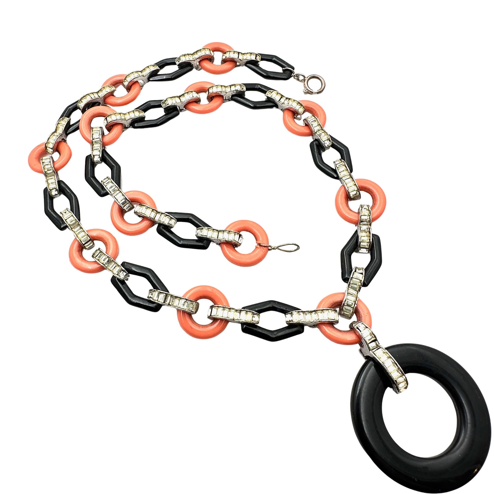 Outstanding Antique Art Deco Coral Pink Black Lucite Pot Metal Clear Crystal Necklace 22 Inch: Outstanding Antique Art Deco Coral Pink Black Lucite Pot Metal Clear Crystal Necklace 22 Inch
