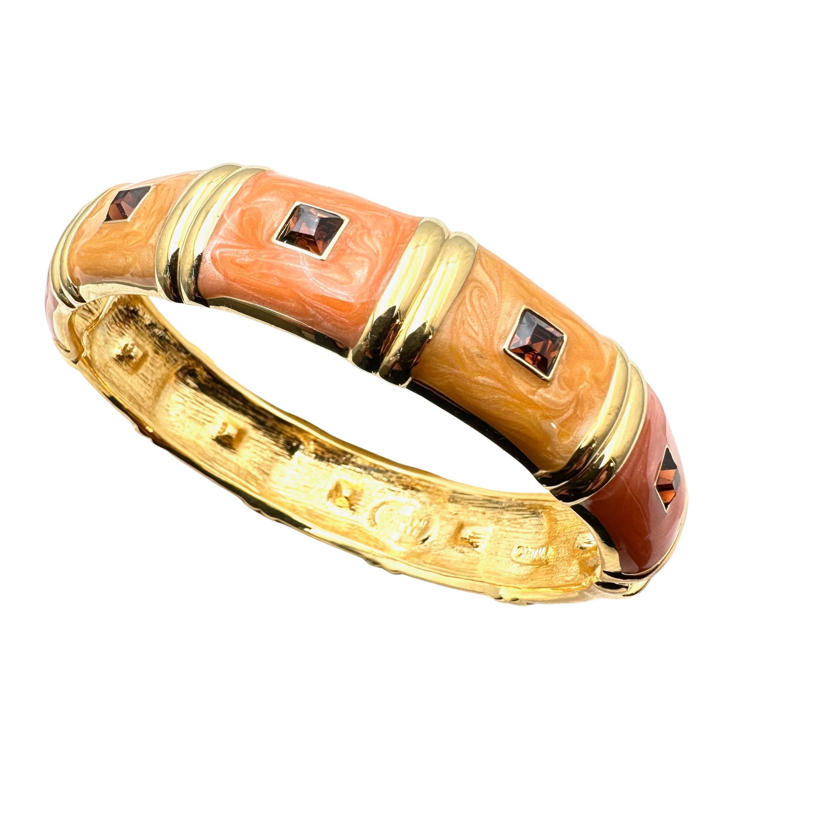 Vintage Nolan Miller Orange Enamel Crystal Gold Tone Hinged Bangle Bracelet 6 3/4 Inch (1 of 2)