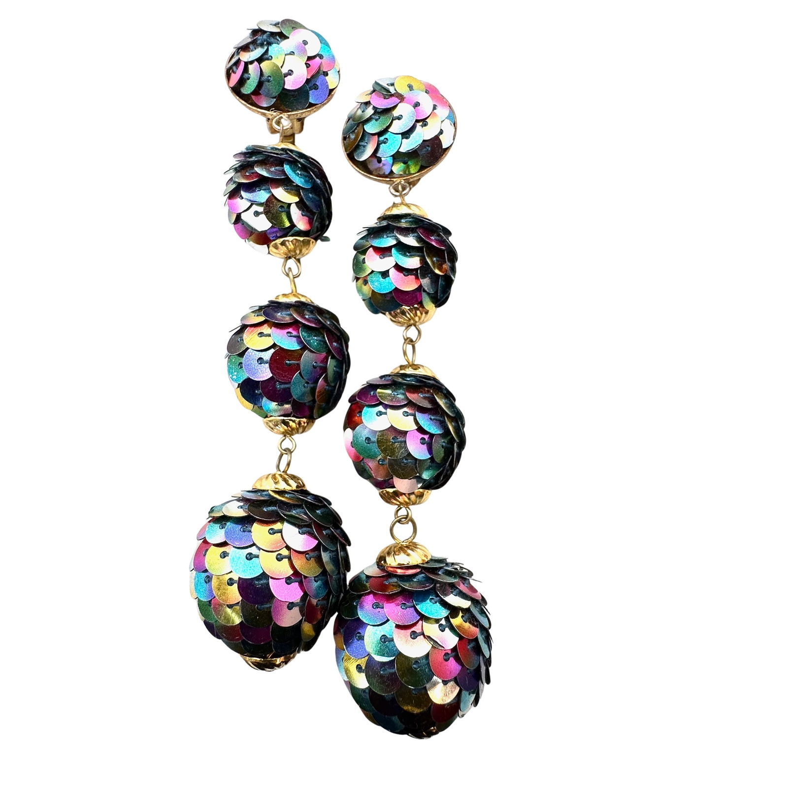 Vintage Sequin Multicolor Statement Earrings Gold Tone Clip Earrings 4 Inch Length (1 of 2)