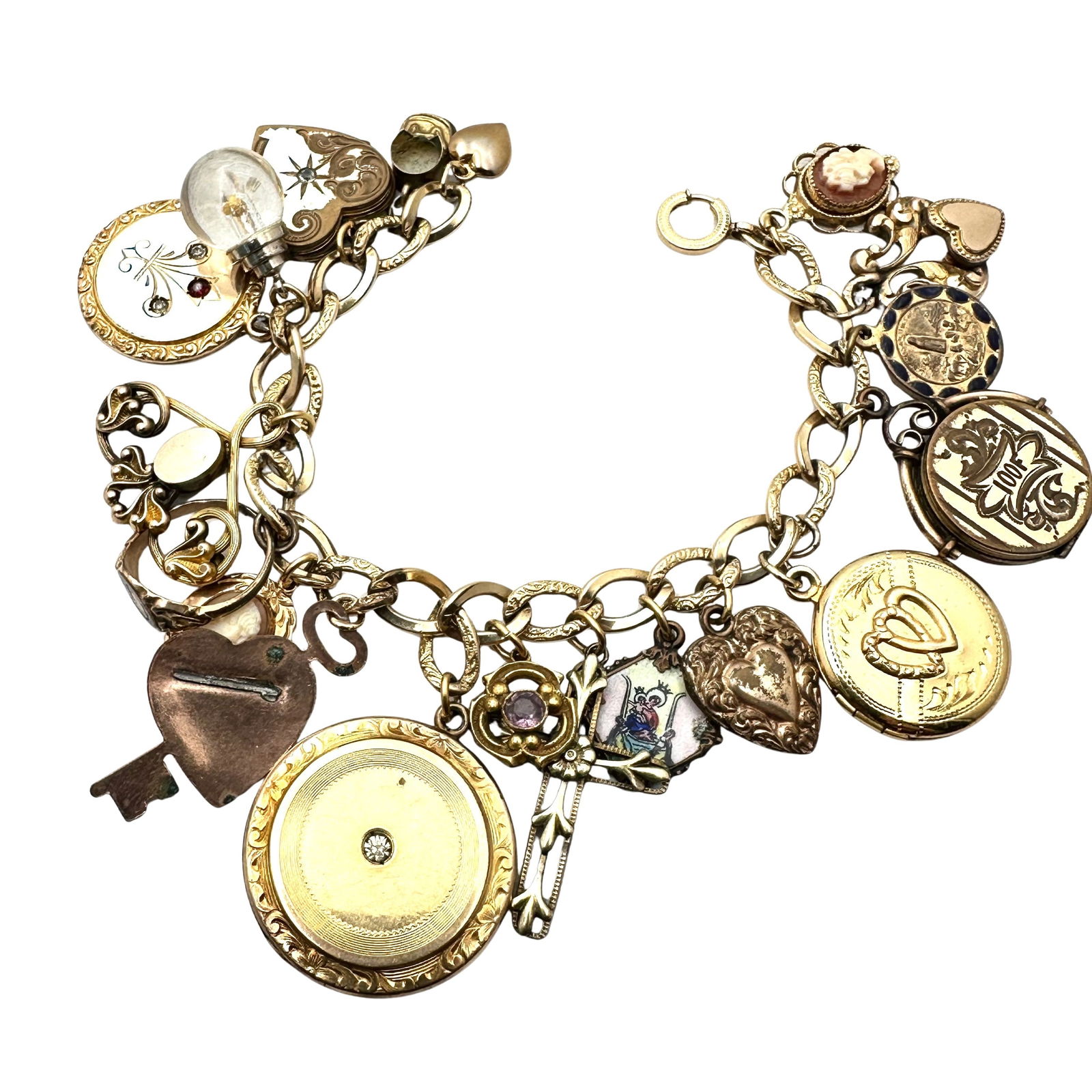 Antique Victorian Gold Filled Bracelet Charms Lockets Fobs Pendants Cross 7 Inch 65 Grams (1 of 2)