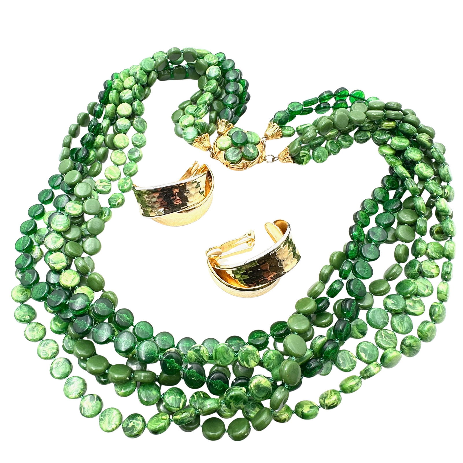 Vintage Jewelry Group Green Gold Multi Strand Necklace Large Gold Tone Clip Earrings (1 of 2)