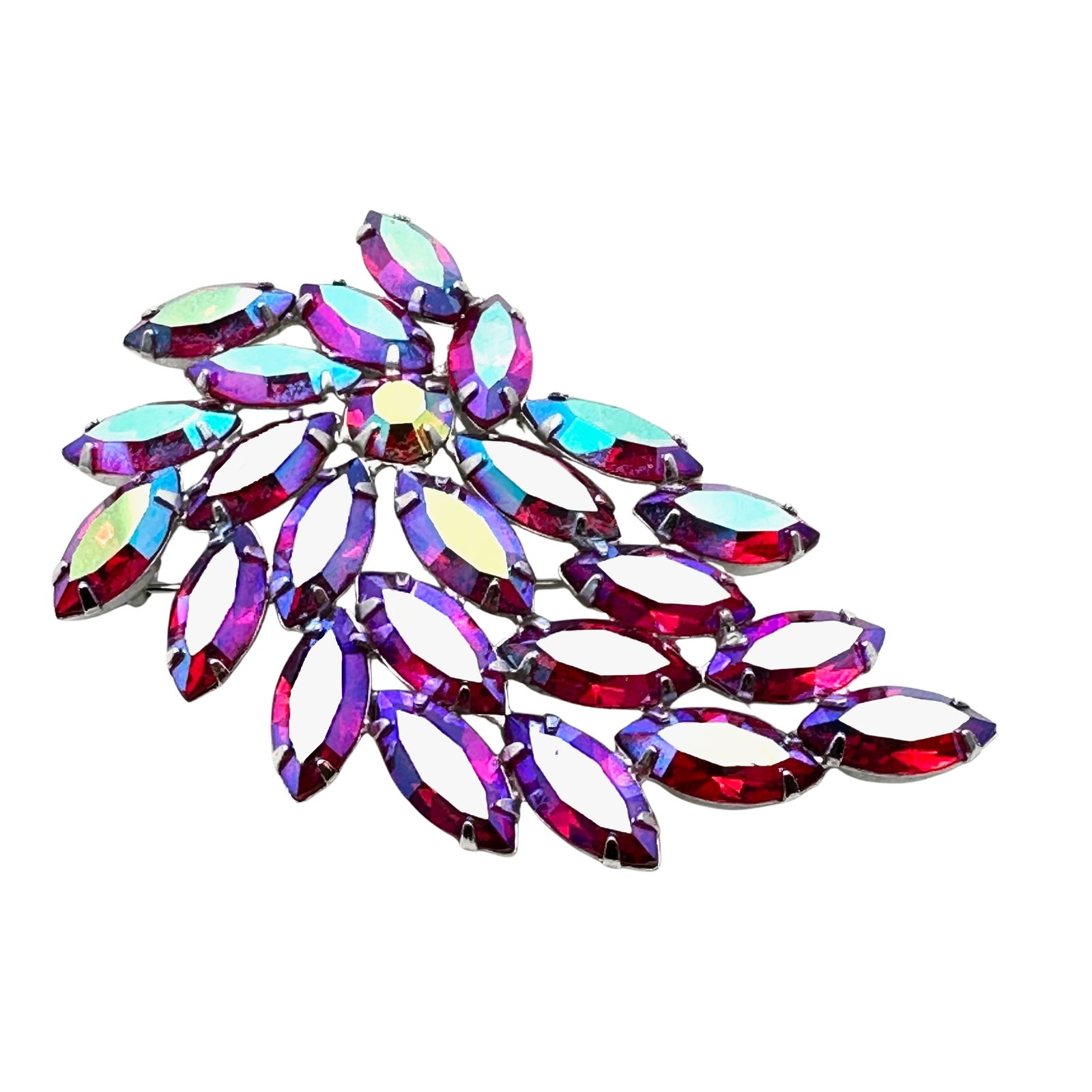 Vintage B David Red Aurora Borealis Glass Rhinestone Silver Tone Brooch Pin 3 Inch (1 of 2)