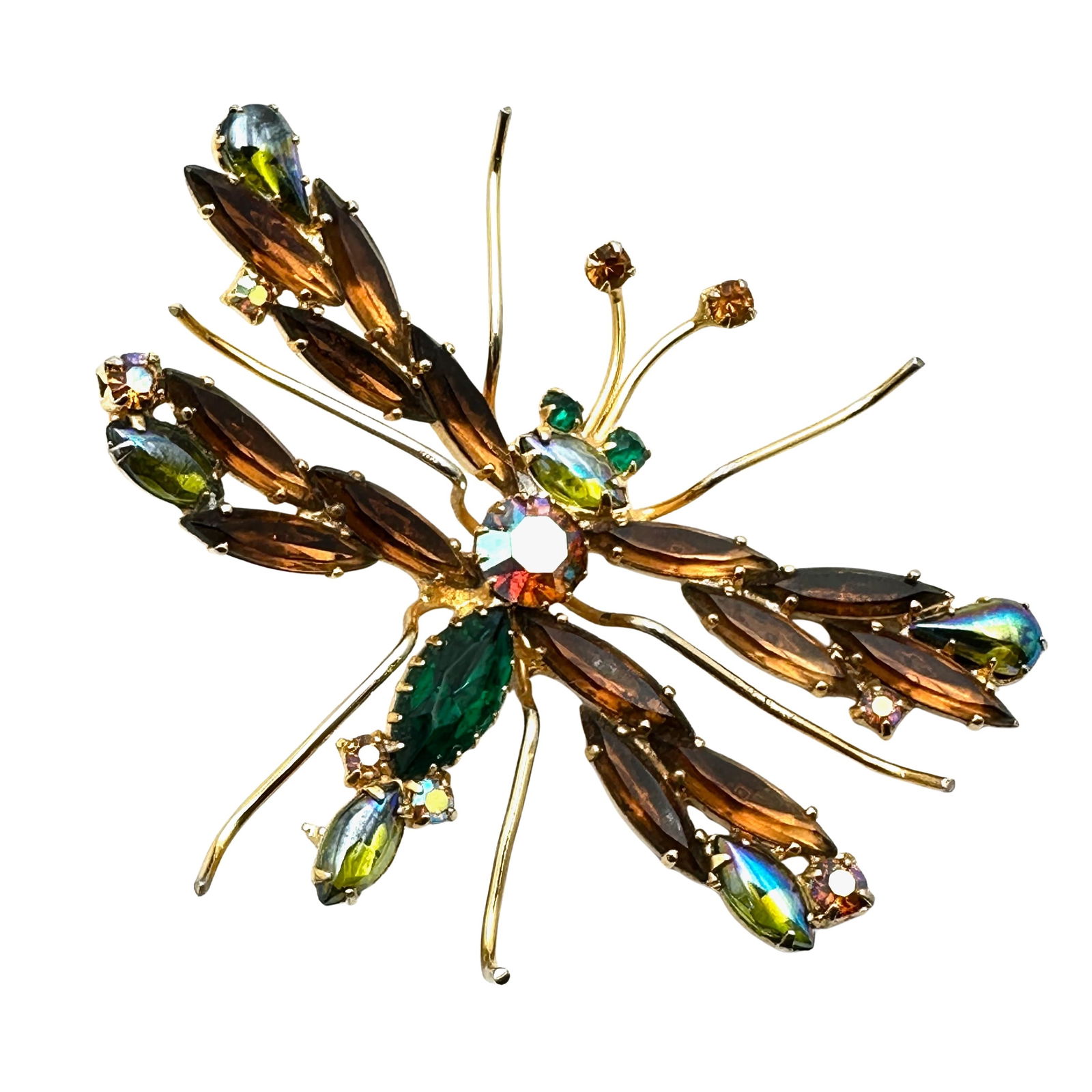 Vintage Large Amber Green Glass Rhinestone Dragonfly Brooch Pin 2.75 Inch (1 of 2)