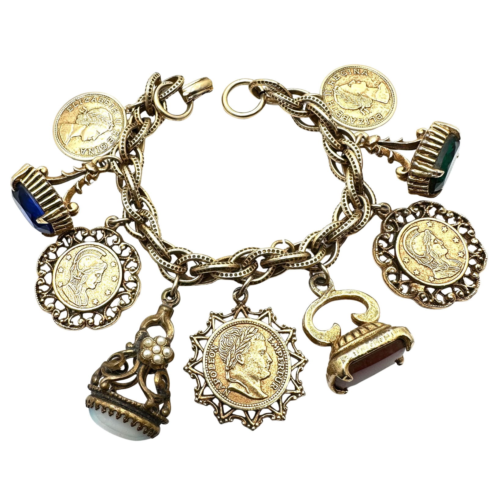Vintage Gold Tone Coin And Glass Rhinestone Fob Charm Bracelet 7.5 Inch (1 of 2)