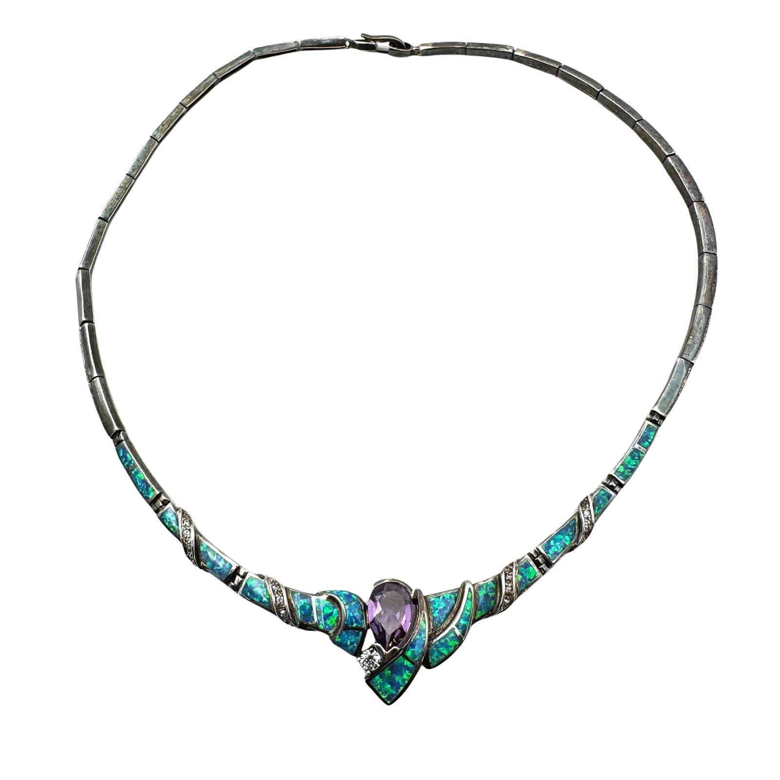 Inlay Opal Amethyst Sterling Silver Choker Necklace 17 Inch 29 Grams (1 of 2)