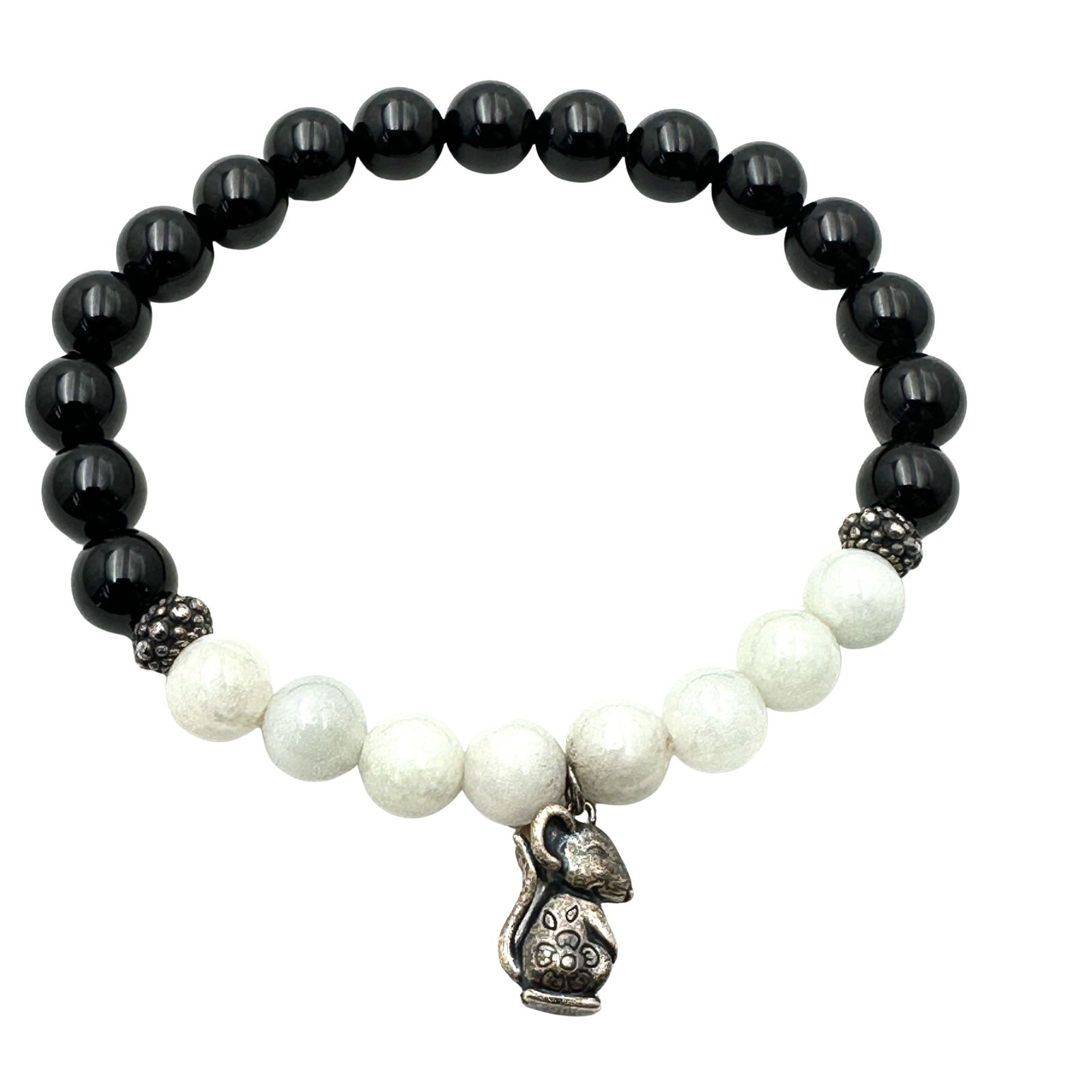 Jade of Yesteryear Sterling Silver Mouse Charm Bracelet Green Jade Black Onyx Bracelet (1 of 2)