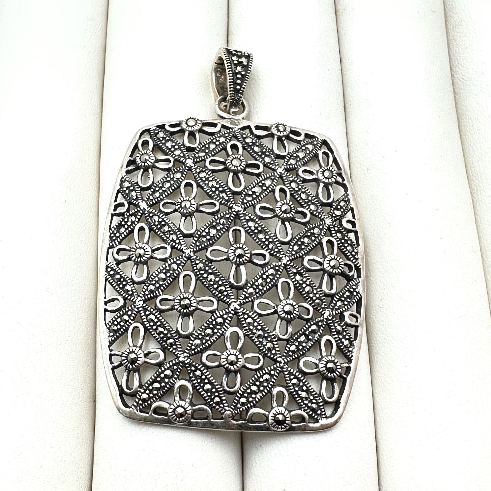 Large Marcasite Sterling Silver Pendant Enhancer 2.5 Inch Floral Design: Large Marcasite Sterling Silver Pendant Enhancer 2.5 Inch Floral Design