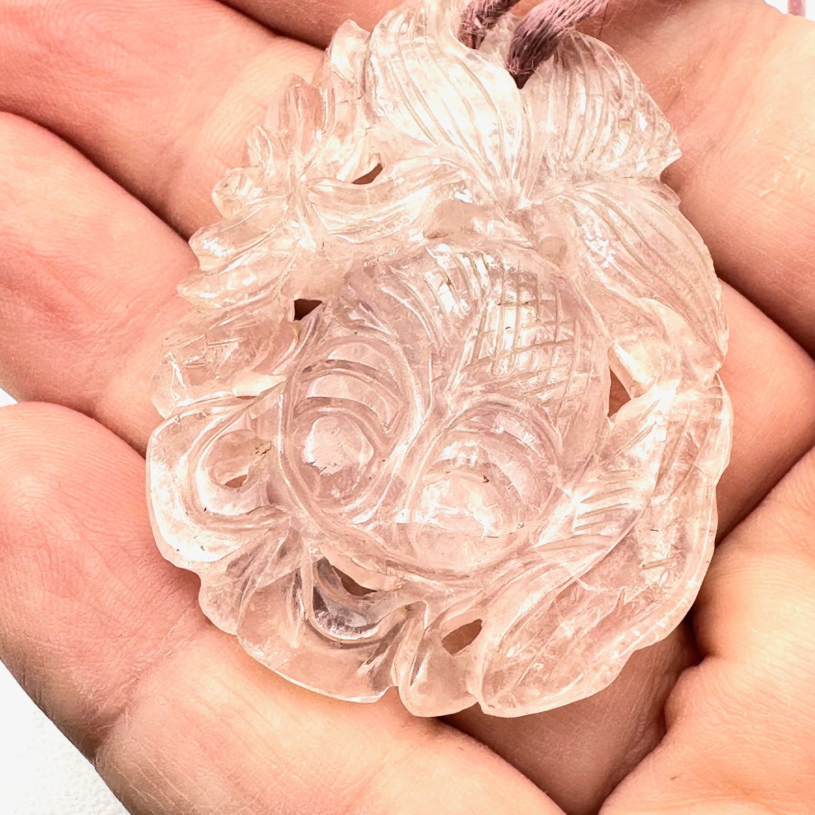 Vintage Carved Pink Gemstone 2 Inch Pendant Chinese Design Pink Silk Cord: Vintage Carved Pink Gemstone 2 Inch Pendant Chinese Design Pink Silk Cord