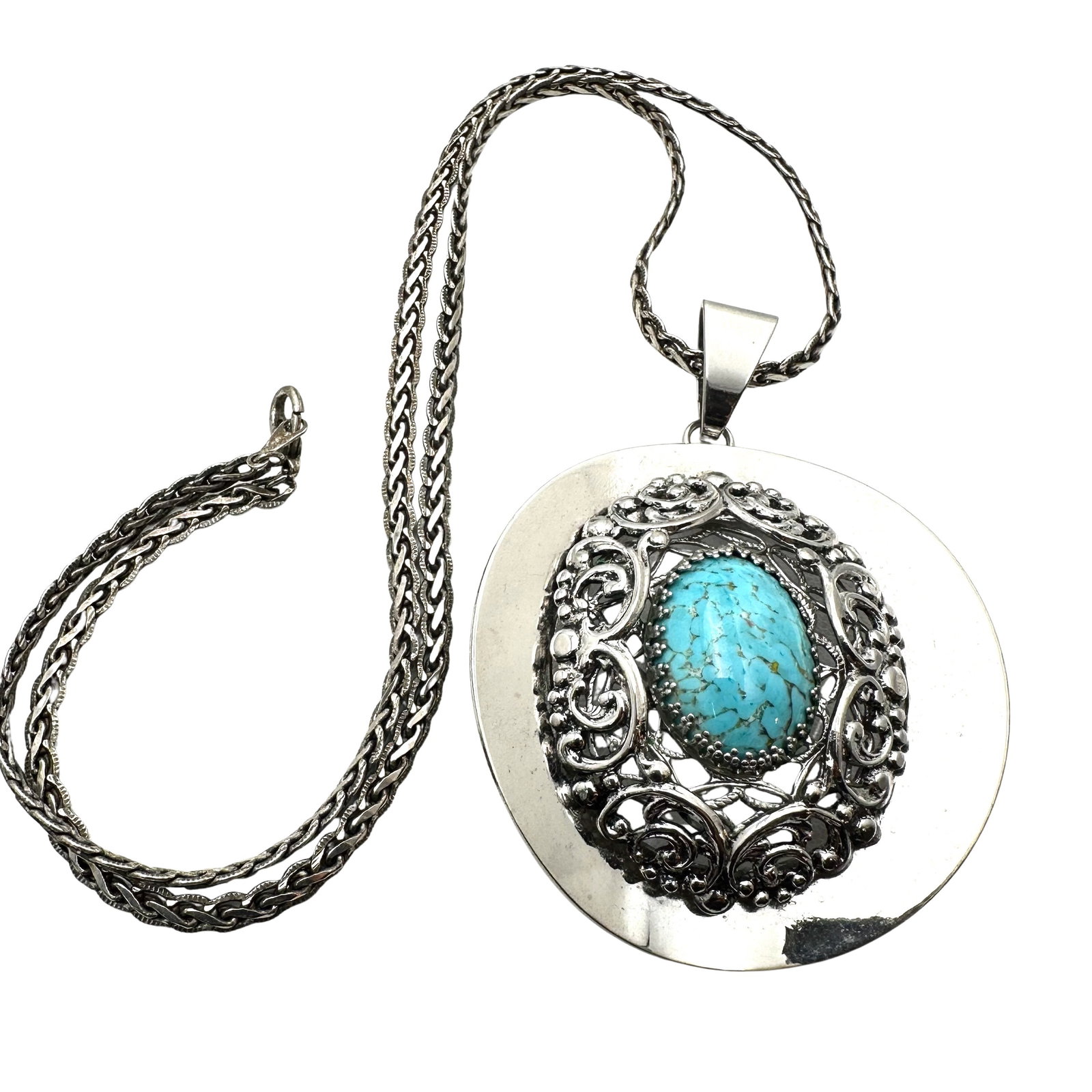 Vintage Unsigned Whiting And Davis Blue Czech Glass Silver Filigree Pendant Necklace: Vintage Unsigned Whiting And Davis Blue Czech Glass Silver Filigree Pendant Necklace
