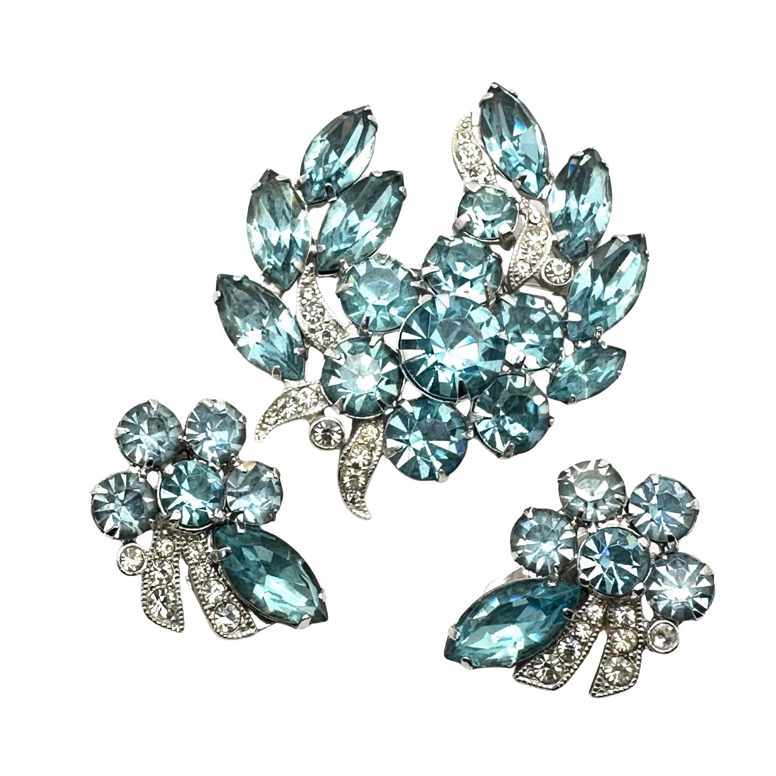 Vintage Eisenberg Ice Light Blue Glass Rhinestone Silver Brooch Pin Clip Earrings Set (1 of 2)