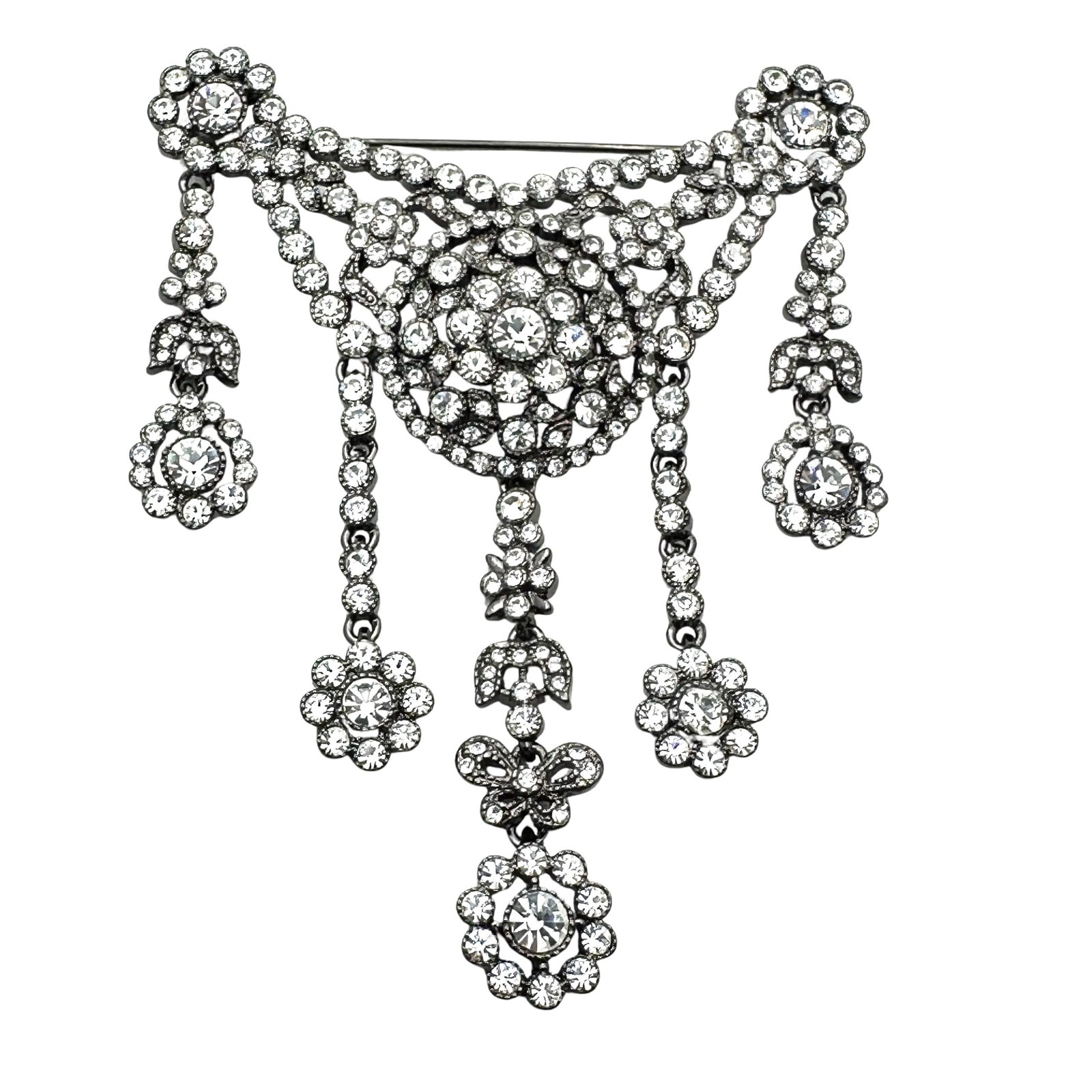 Vintage Joan Rivers Edwardian Revival Clear Glass Rhinestone Black Enameled 3 Inch Brooch Pin: Vintage Joan Rivers Edwardian Revival Clear Glass Rhinestone Black Enameled 3 Inch Brooch Pin