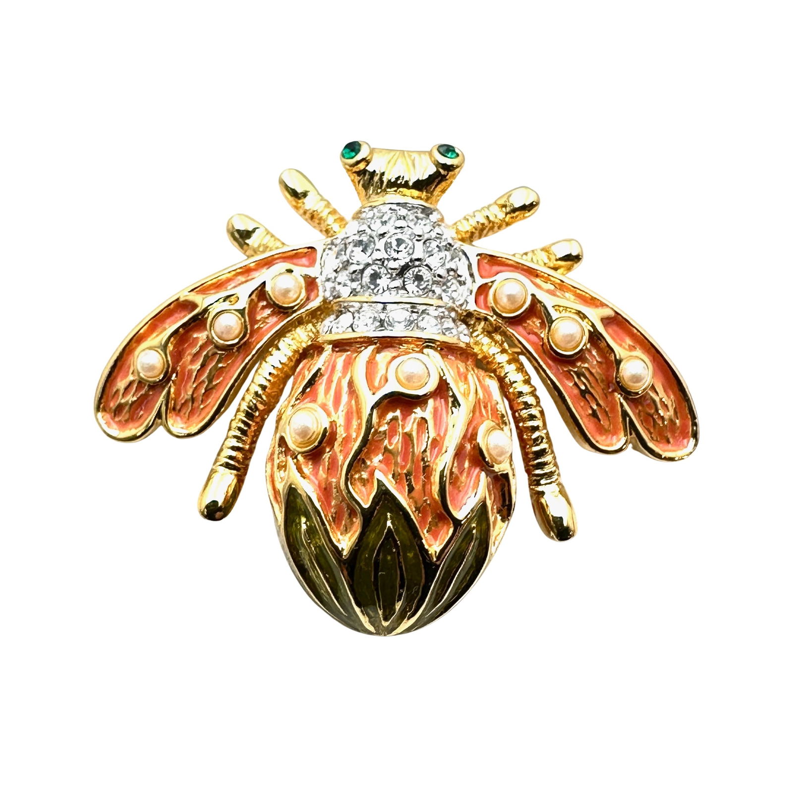 Vintage Joan Rivers Gold Tone Pink Green Enamel Clear Rhinestone Bee Brooch Pin 1.5 Inch (1 of 2)