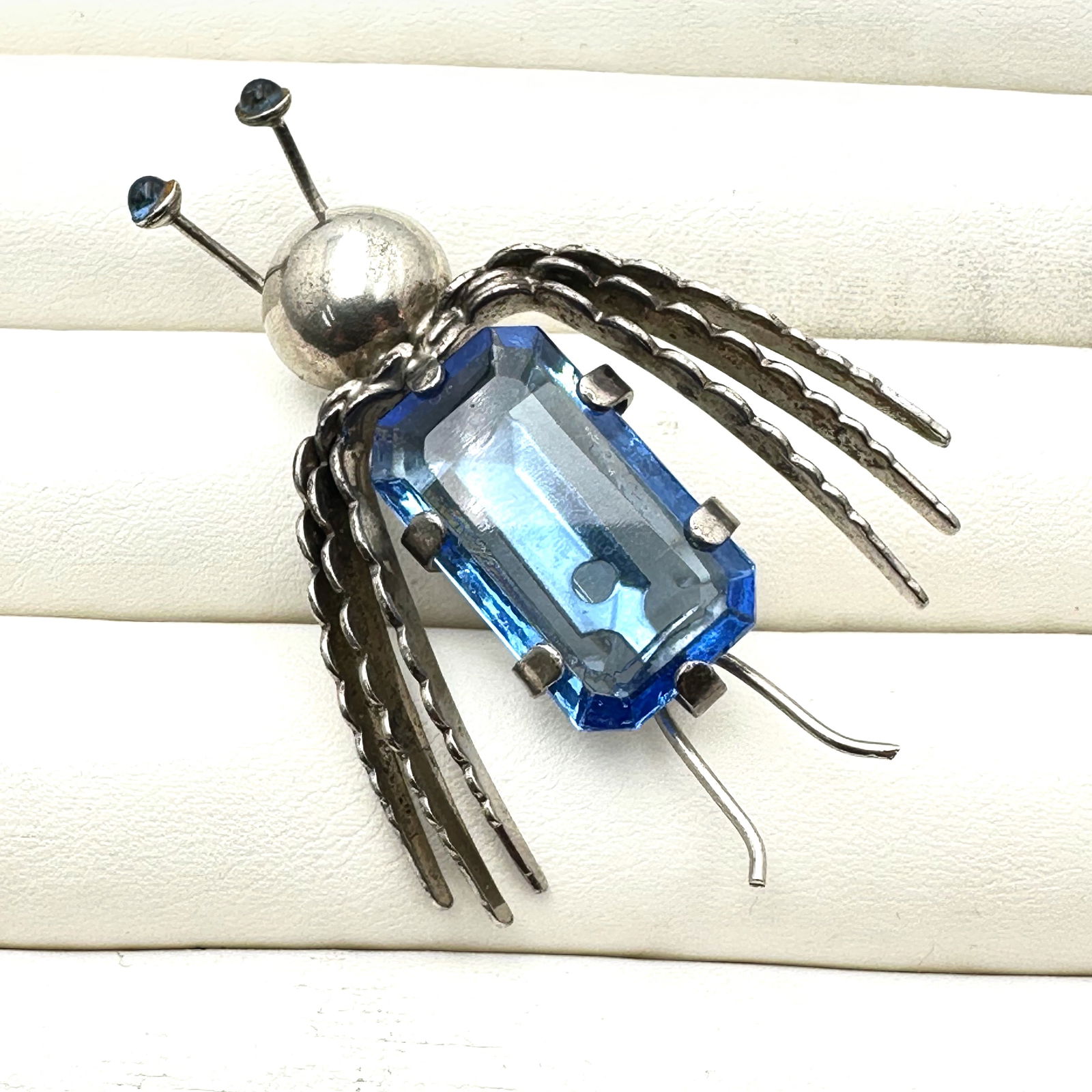 Vintage Sterling Silver Bug Brooch Blue Glass Stone Body 2.5 Inch 12.6 Grams (1 of 2)