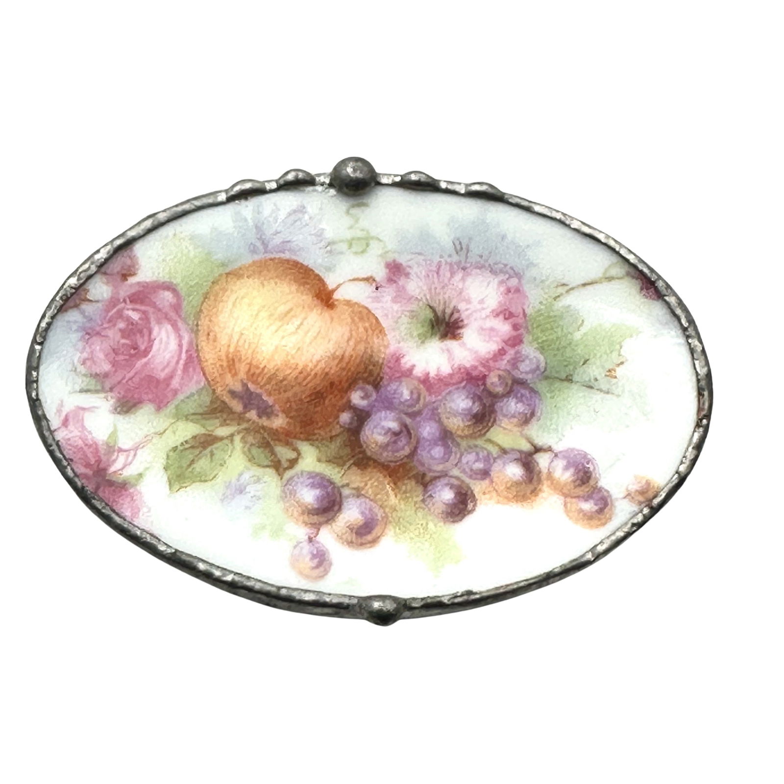 Vintage Artisan Porcelain Brooch Pin Fruit Flowers Scene 2 Inch (1 of 2)