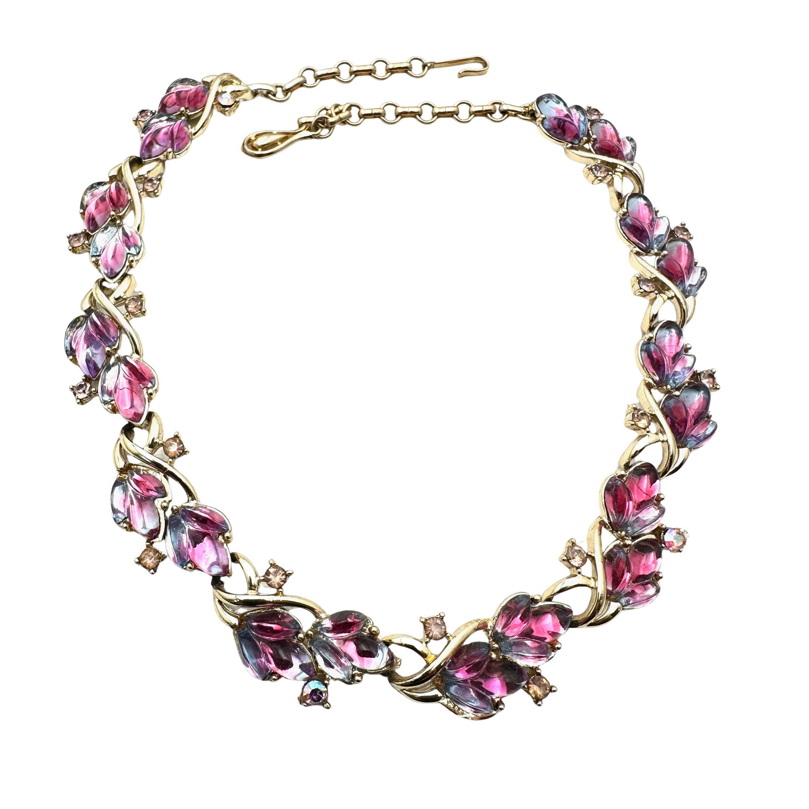 Vintage Coro Pink Purple Molded Glass Leaf Rhinestone Gold Tone Necklace 16 Inch Length: Vintage Coro Pink Purple Molded Glass Leaf Rhinestone Gold Tone Necklace 16 Inch Length