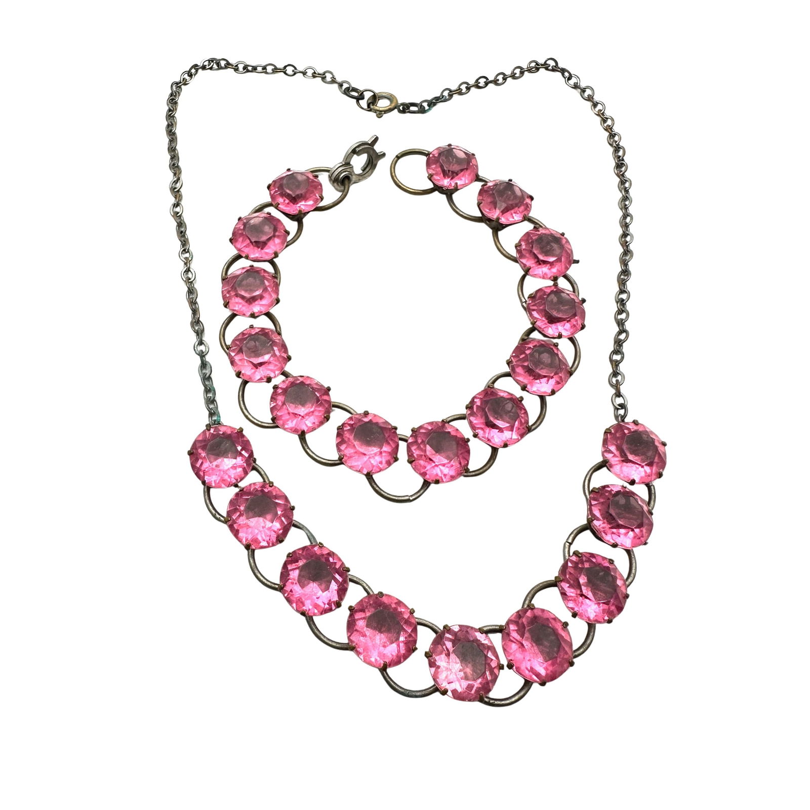 Vintage Older Pink Stone Antiqued Gold Tone Metal 15 Inch Necklace 7 Inch Bracelet Set: Vintage Older Pink Stone Antiqued Gold Tone Metal 15 Inch Necklace 7 Inch Bracelet Set