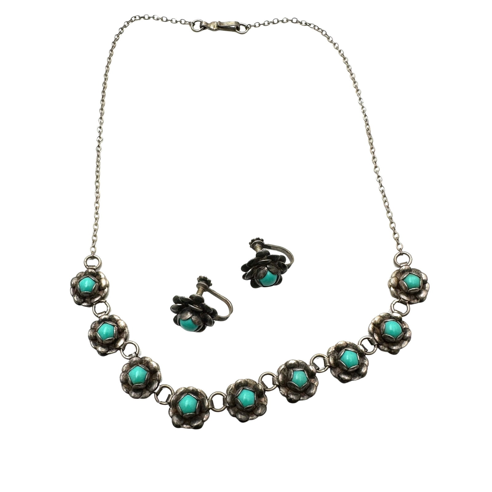 Vintage Sterling Silver Turquoise Necklace Screw Back Earrings Set 15 Inch Total Weight 14 Grams: Vintage Sterling Silver Turquoise Necklace Screw Back Earrings Set 15 Inch Total Weight 14 Grams