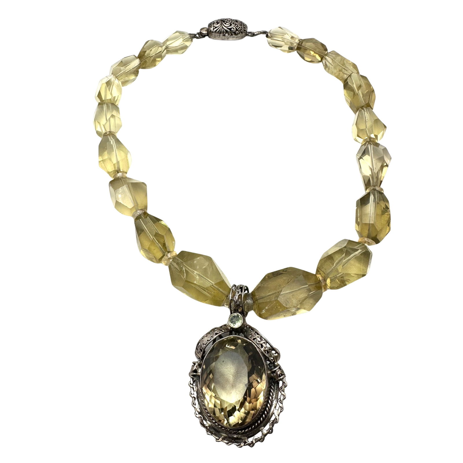 Stunning Vintage Huge Yellow Gemstone Sterling Silver Pendant Necklace Large Gemstone Beads 136 (1 of 4)