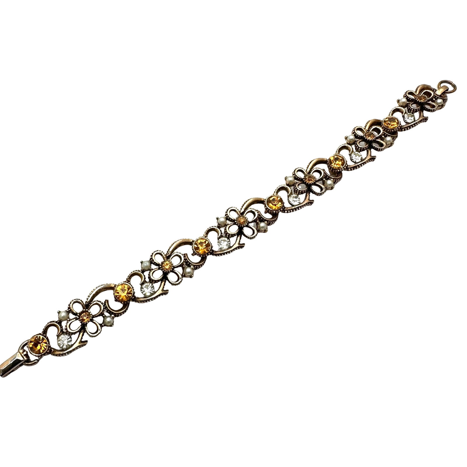 Vintage Lisner Amber Clear Rhinestone Gold Tone Flower Design Bracelet 7 Inch: Vintage Lisner Amber Clear Rhinestone Gold Tone Flower Design Bracelet 7 Inch