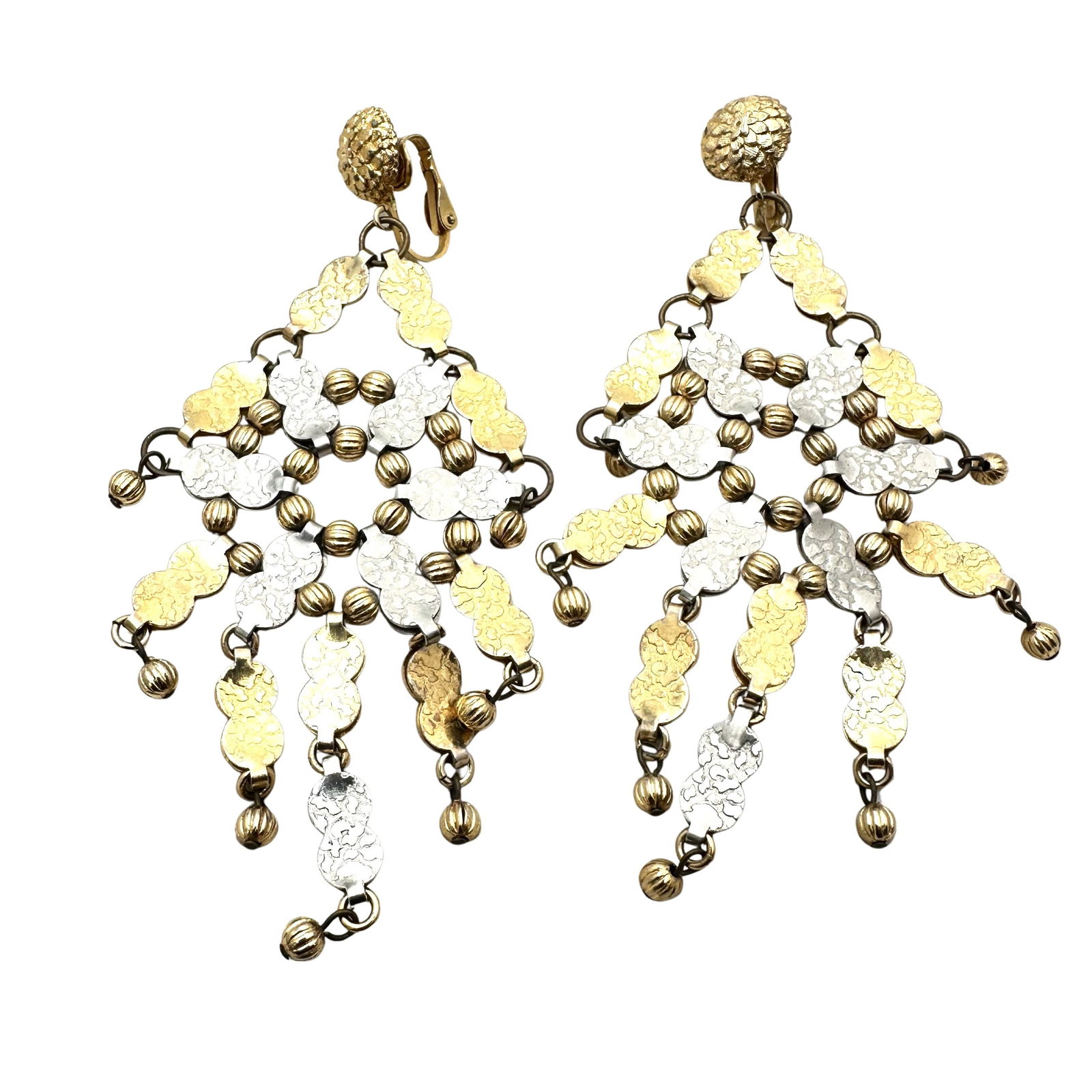 Vintage Hammered Gold And Silver Tone Metal 4 Inch Clip Chandelier Statement Earrings: Vintage Hammered Gold And Silver Tone Metal 4 Inch Clip Chandelier Statement Earrings