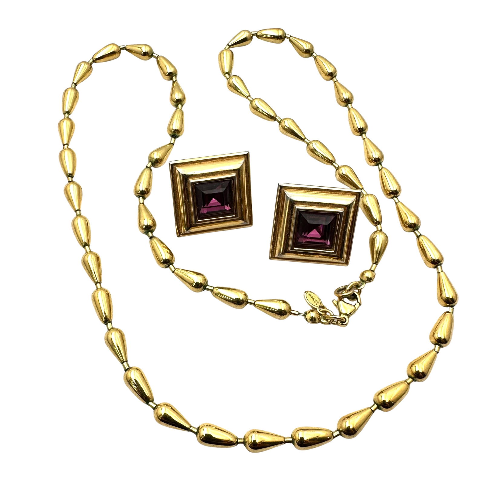 Vintage Monet Gold Tone Beads On Chain 22 Inch Necklace Purple Crystal Lever Back Earrings: Vintage Monet Gold Tone Beads On Chain 22 Inch Necklace Purple Crystal Lever Back Earrings