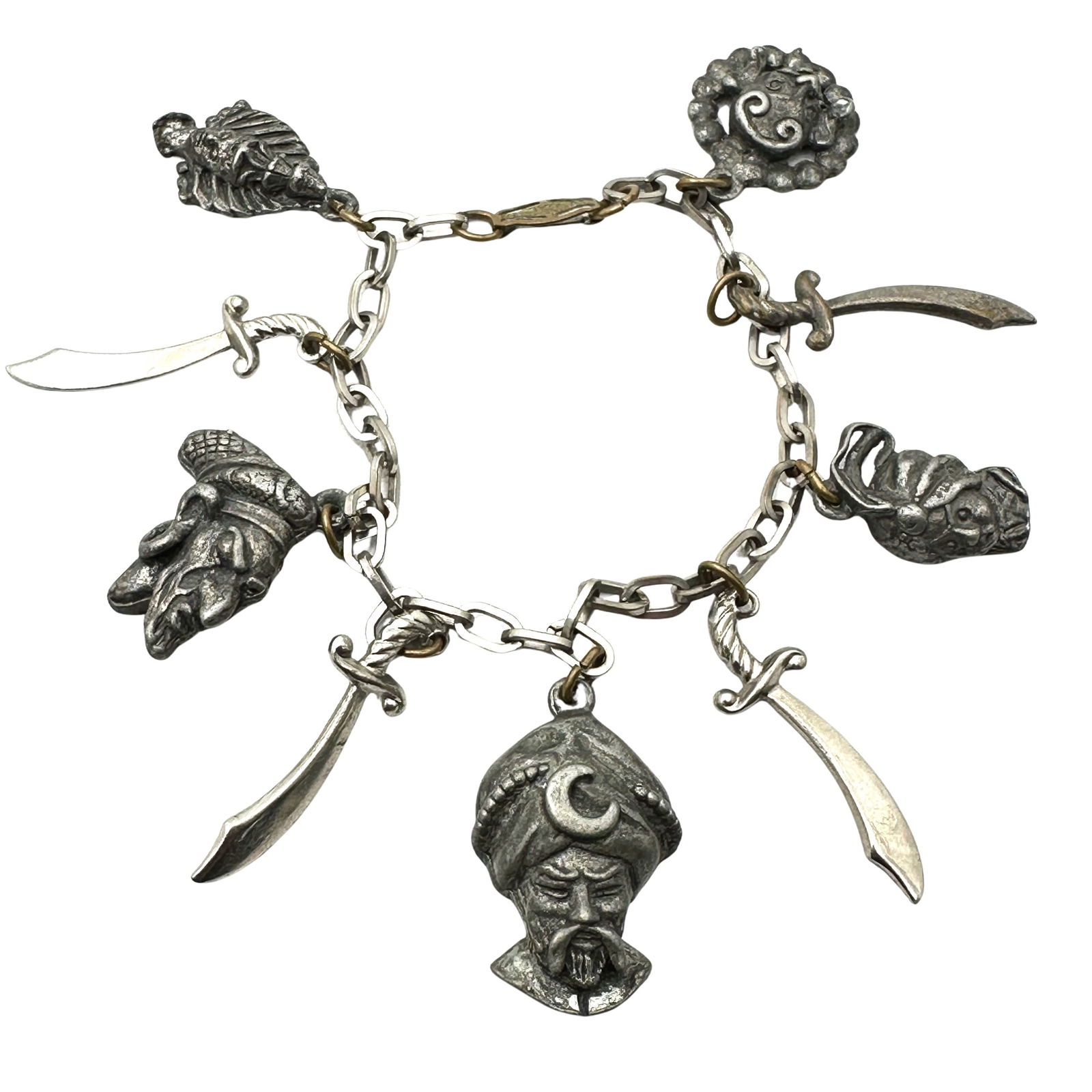 Antique Silver Tone Charm Bracelet Sword Samari 7 Inch Length Unique (1 of 2)