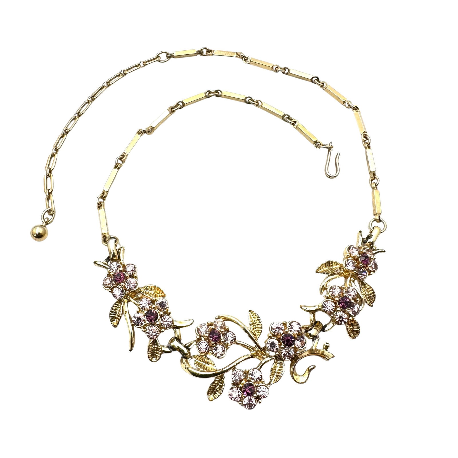 Vintage Pink Purple Glass Rhinestone Gold Tone Flower Design Necklace (1 of 2)