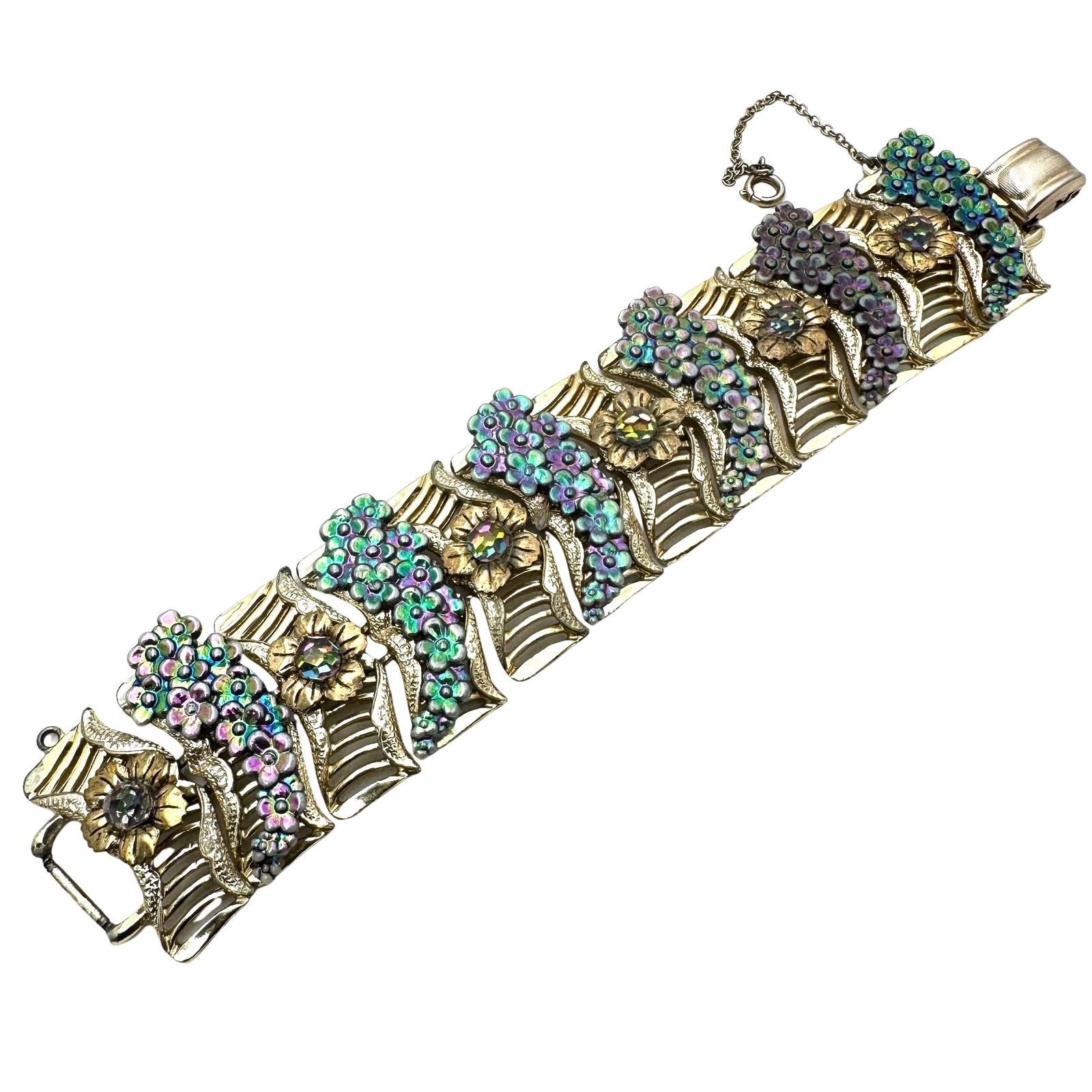 Vintage Coro Wide Purple Green Enamel Flower Aurora Borealis Crystal Gold Tone Bracelet 7 Inch: Vintage Coro Wide Purple Green Enamel Flower Aurora Borealis Crystal Gold Tone Bracelet 7 Inch