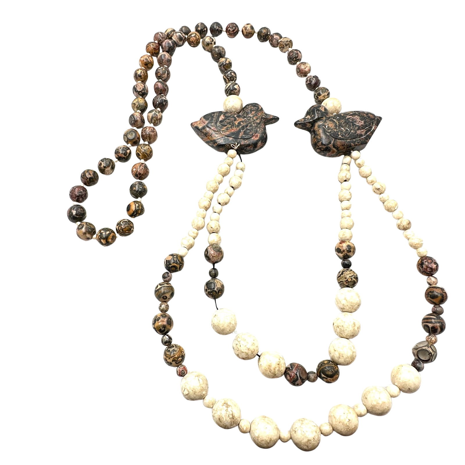 Leopard Jasper Carved Duck Bird Station Necklace Natural Gemstones 28 Inch Length: Leopard Jasper Carved Duck Bird Station Necklace Natural Gemstones 28 Inch Length