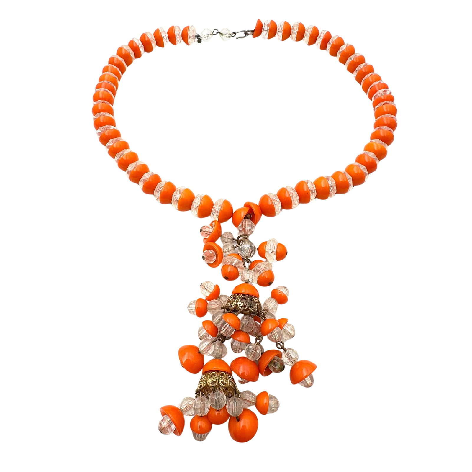 Older Vintage Pendant Necklace Unusual Early Plastic Orange Clear Beads 20 Inch Length: Older Vintage Pendant Necklace Unusual Early Plastic Orange Clear Beads 20 Inch Length