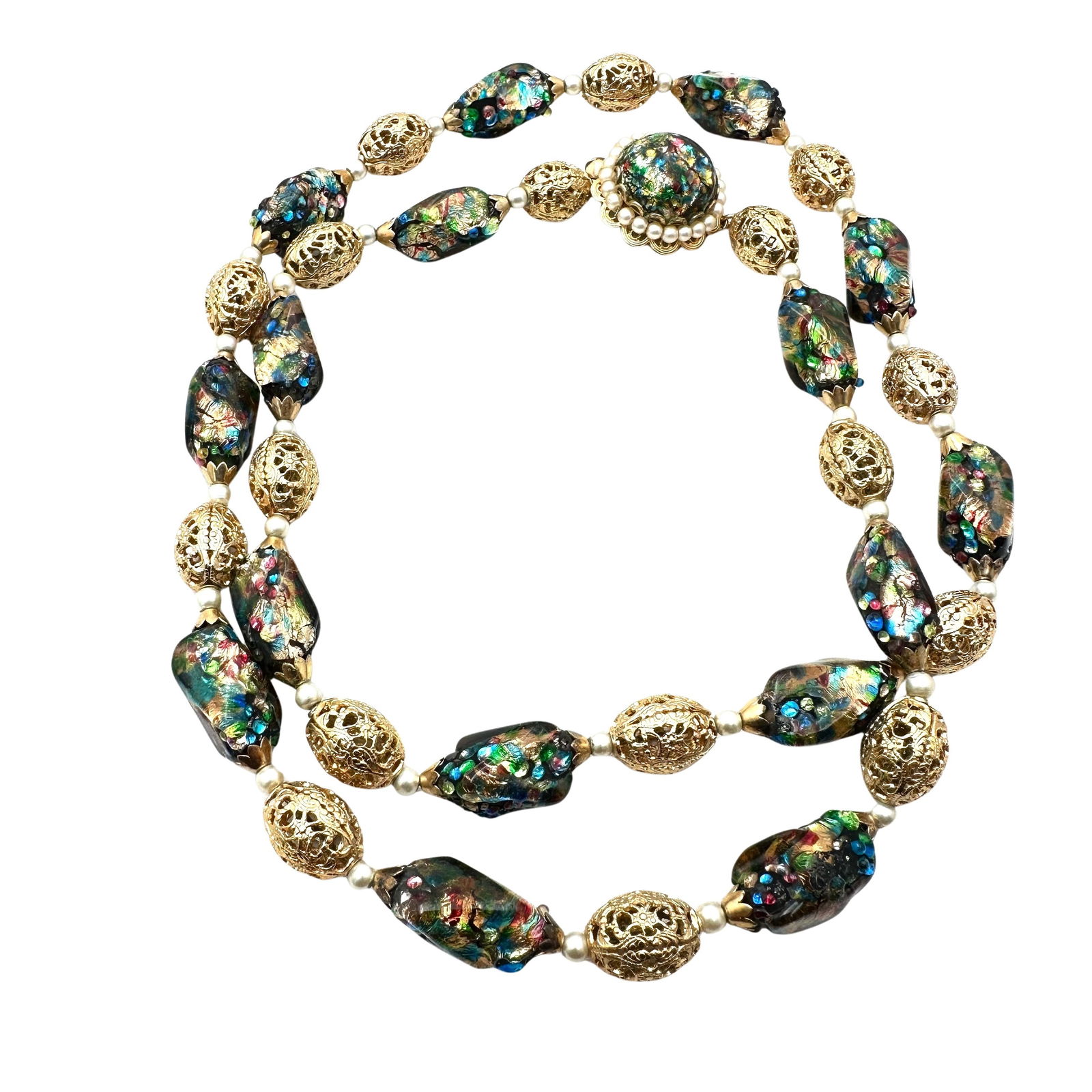 Vintage Napier Gorgeous Foiled Art Glass Bead Gold Tone Filigree Bead Necklace 28 Inch Length: Vintage Napier Gorgeous Foiled Art Glass Bead Gold Tone Filigree Bead Necklace 28 Inch Length
