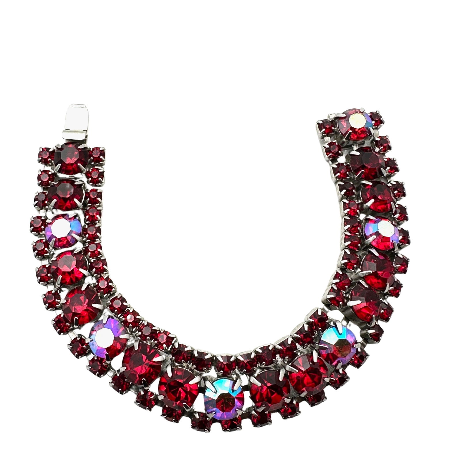 Vintage High End Red Glass Aurora Borealis Bead Rhinestone Silver Tone Bracelet 7 Inch (1 of 2)