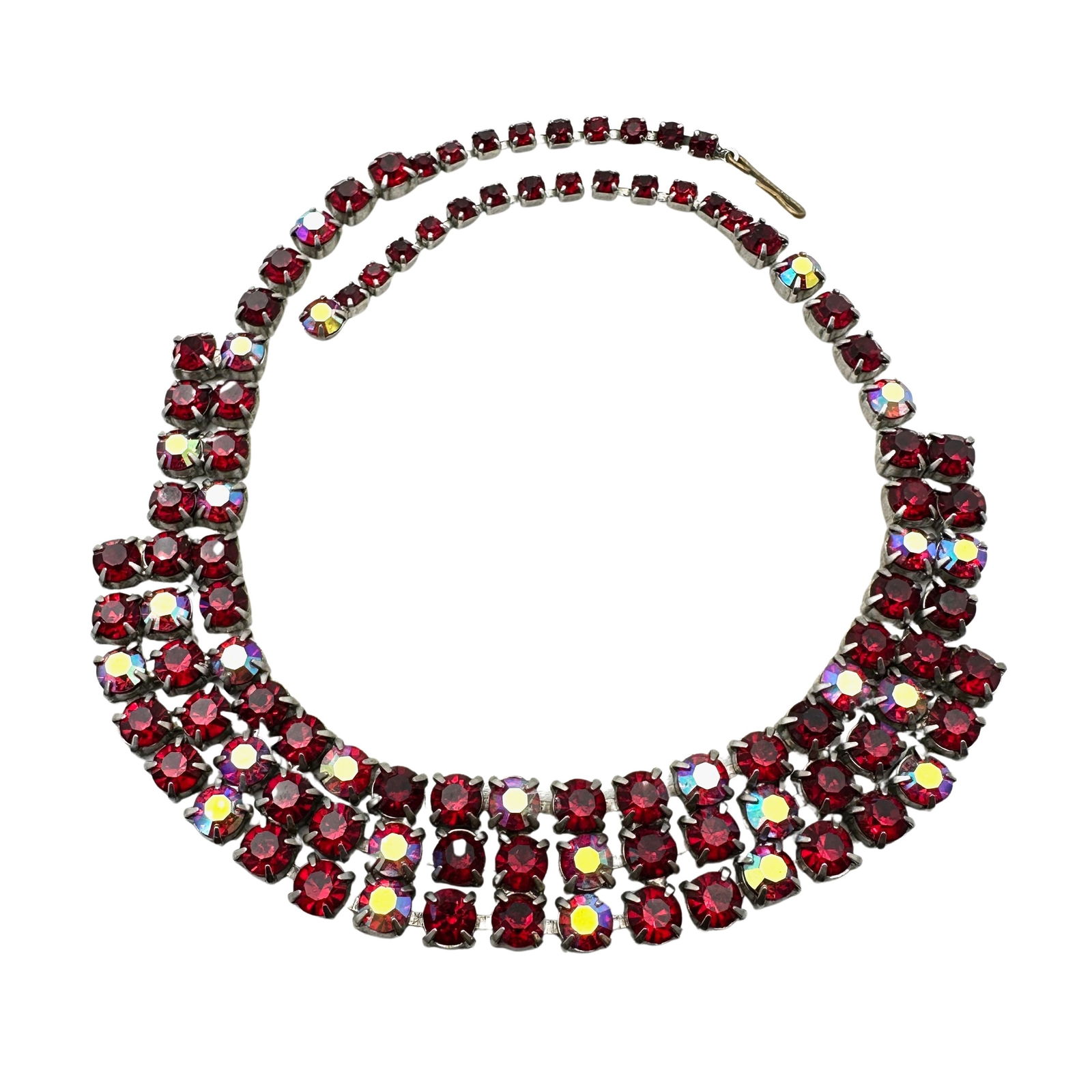 Vintage High End Red Glass Aurora Borealis Bead Rhinestone Silver Tone Necklace 16 Inch: Vintage High End Red Glass Aurora Borealis Bead Rhinestone Silver Tone Necklace 16 Inch