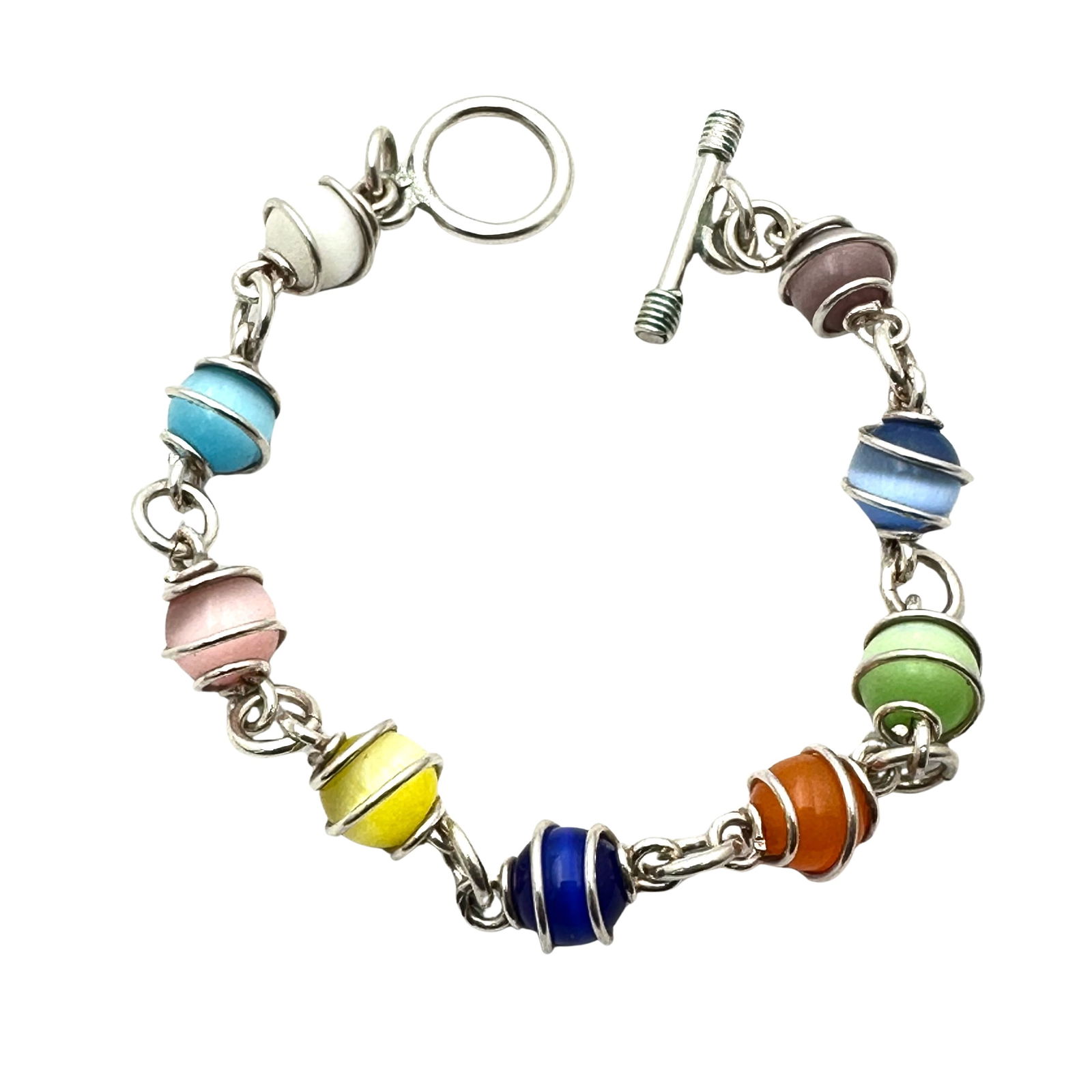 Multicolor Cats Eye Glass Bead Sterling Silver Toggle Clasp Bracelet 7.5 Inch 19 Grams (1 of 2)