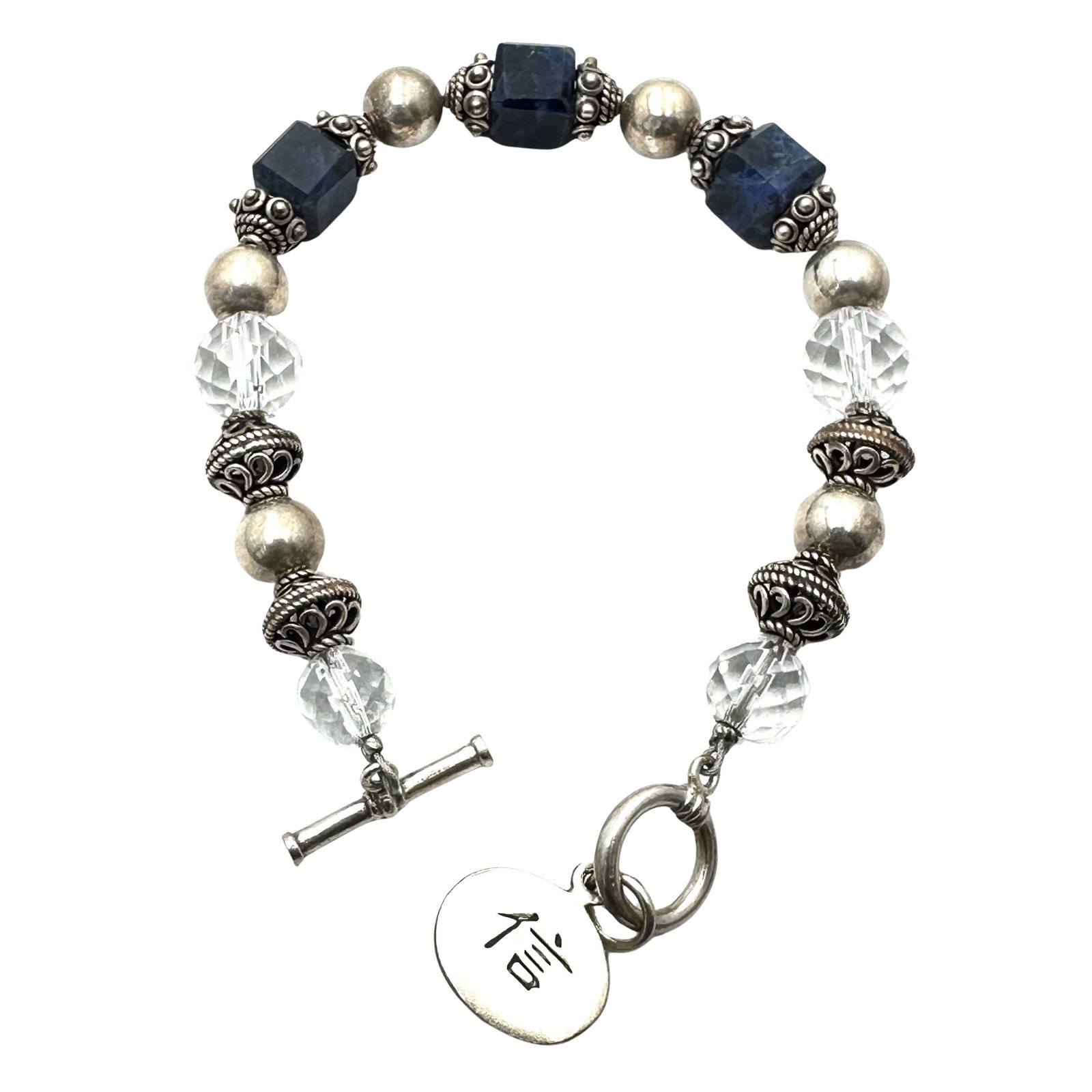 Sterling Silver Blue Clear Crystal Bracelet Faith Chinese Symbol Charm 7.5 Inch Length 23 Grams: Sterling Silver Blue Clear Crystal Bracelet Faith Chinese Symbol Charm 7.5 Inch Length 23 Grams