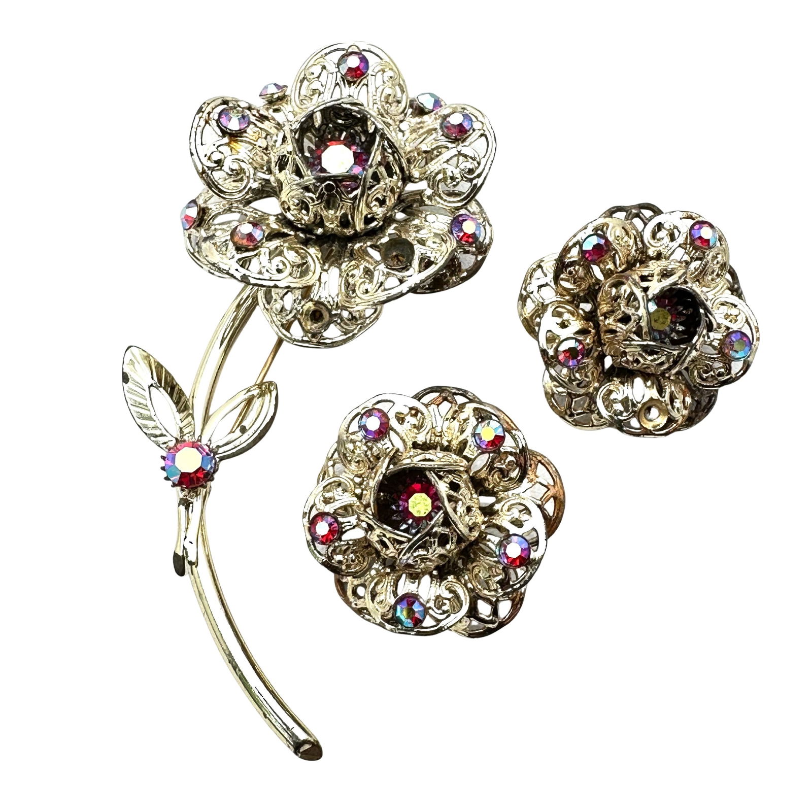 Vintage Sarah Coventry Red Glass Rhinestone Gold Tone 4 Inch Flower Brooch Pin Clip Earrings Set (1 of 2)