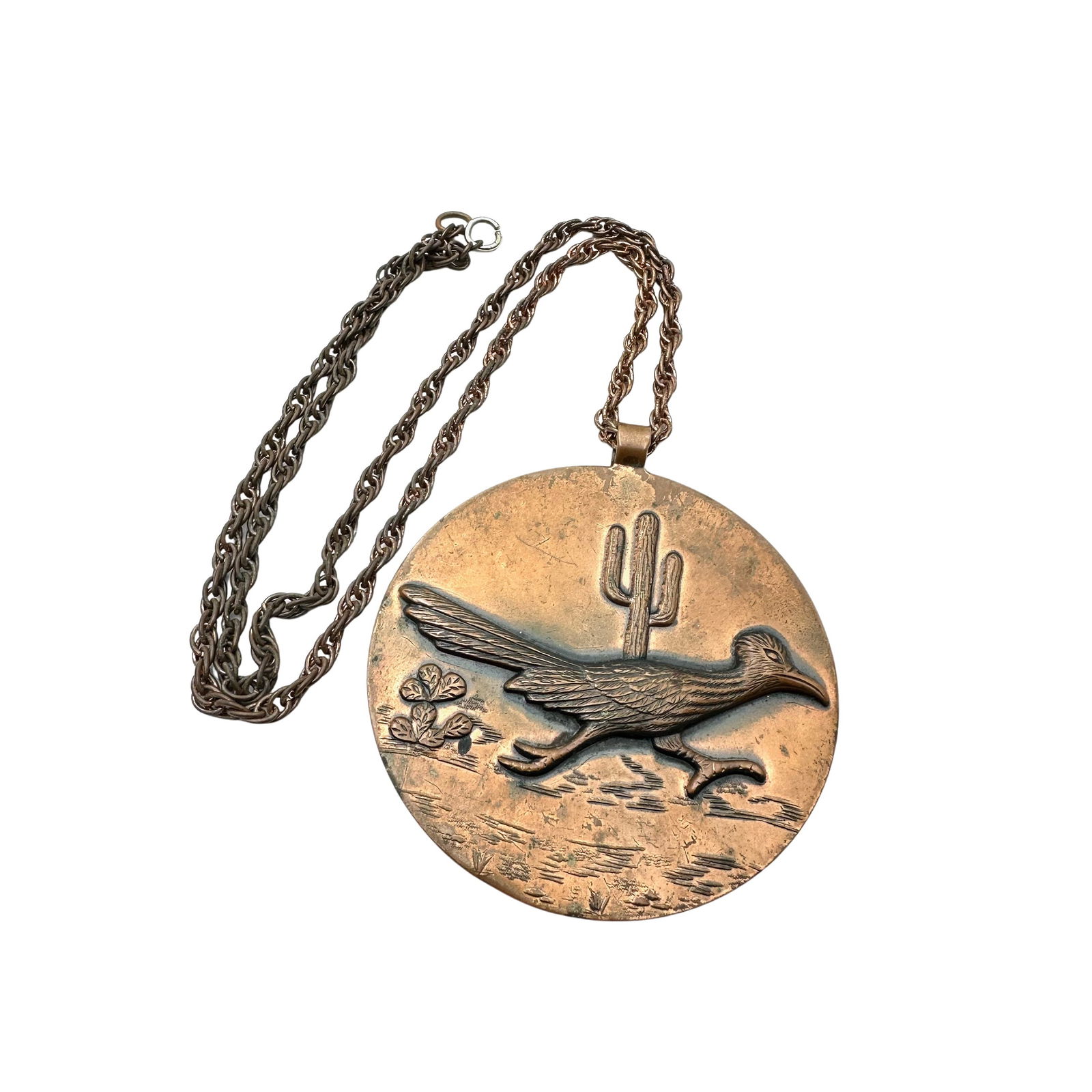 Vintage Bell Trading Post American Southwest Large Copper Pendant Necklace Road Runner Cactus (1 of 2)