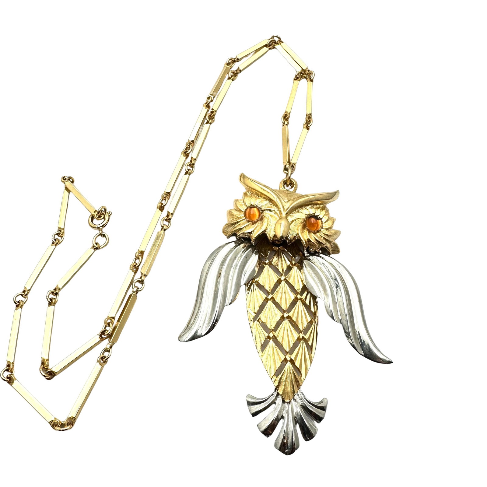 Vintage Lancer Gold Silver Tone Articulated Owl Pendant Necklace 24 Inch Chain: Vintage Lancer Gold Silver Tone Articulated Owl Pendant Necklace 24 Inch Chain