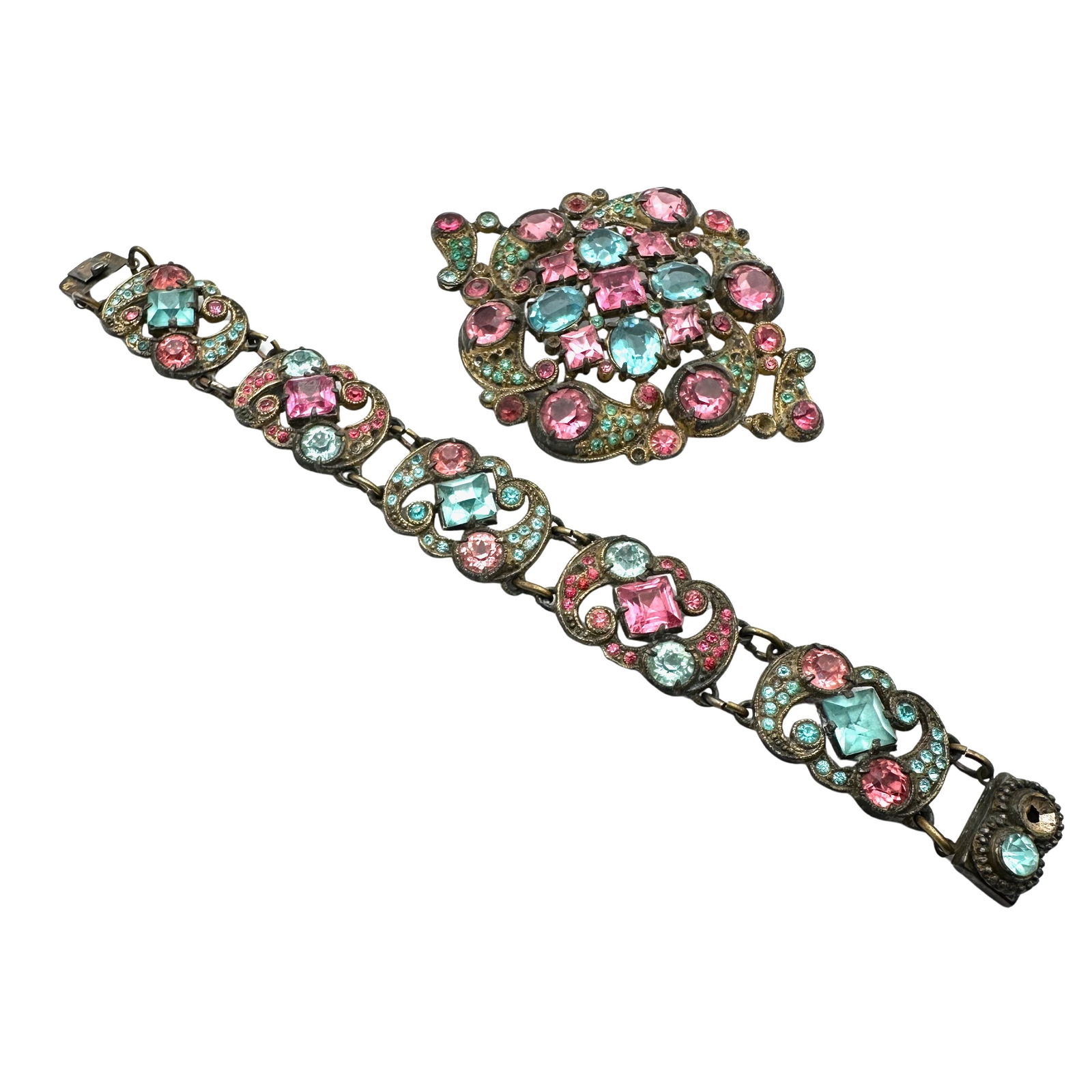 Antique Pink Blue Glass Stone Pot Metal Bracelet and Pin Brooch Set Selling As Is Some Wear to Gold (1 of 2)