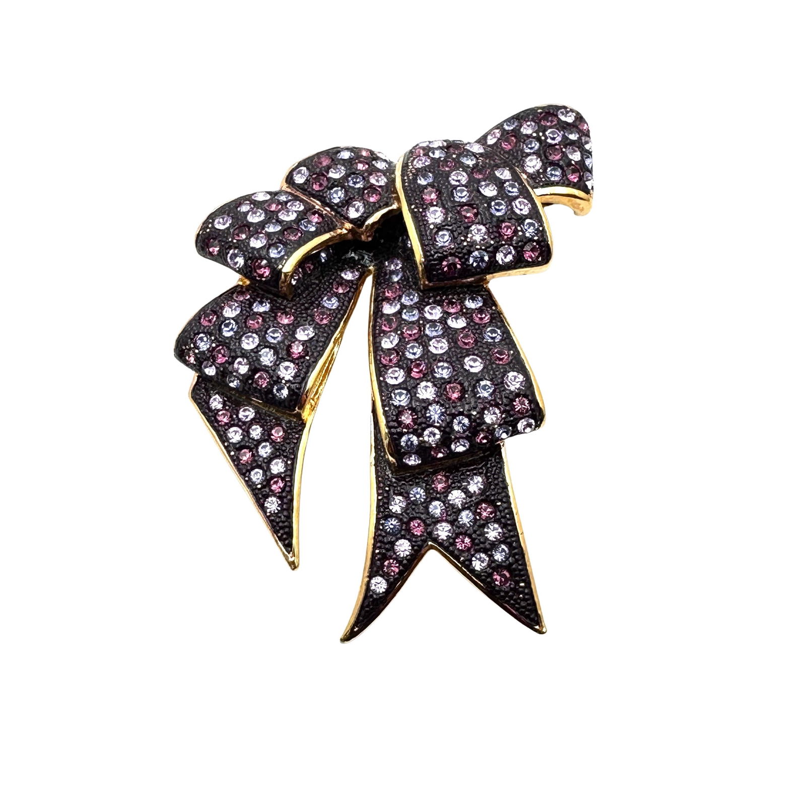 Vintage Joan Rivers Purple Pink Rhinestone Gold Tone Bow Brooch Pin 3 Inch Pristine Condition (1 of 2)